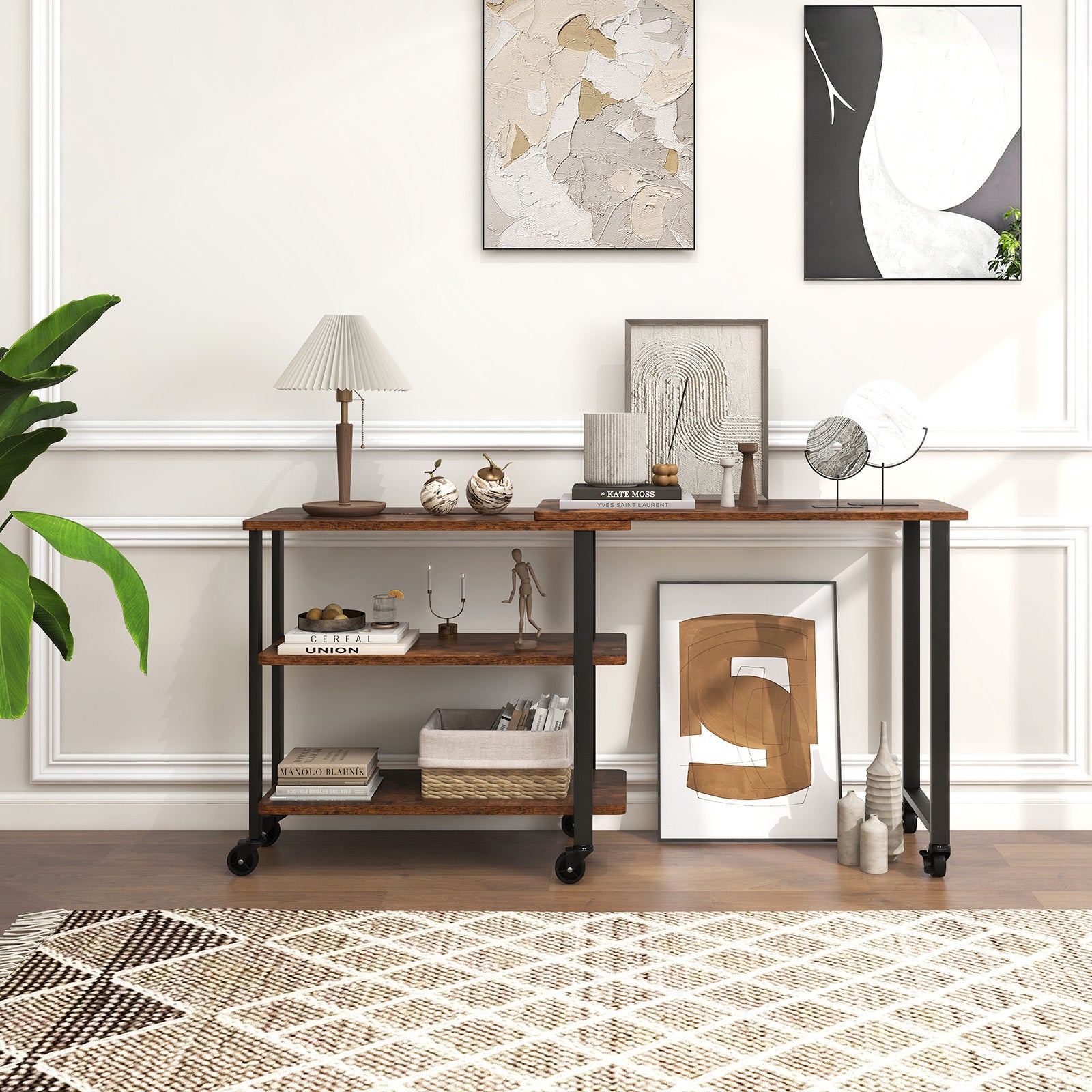 360° Rotating Sofa Side Table with Storage Shelves and Wheels-Rustic BrownÂ