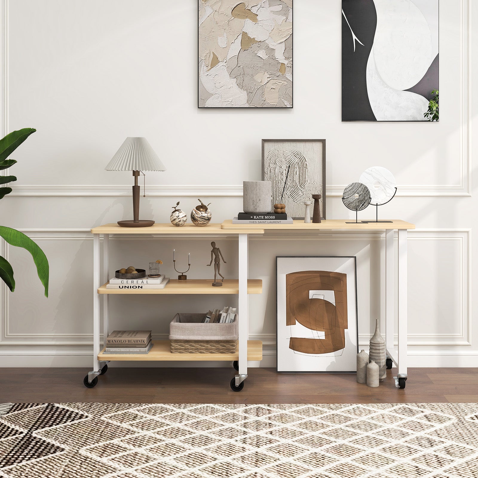 360° Rotating Sofa Side Table with Storage Shelves and Wheels-NaturalÂ