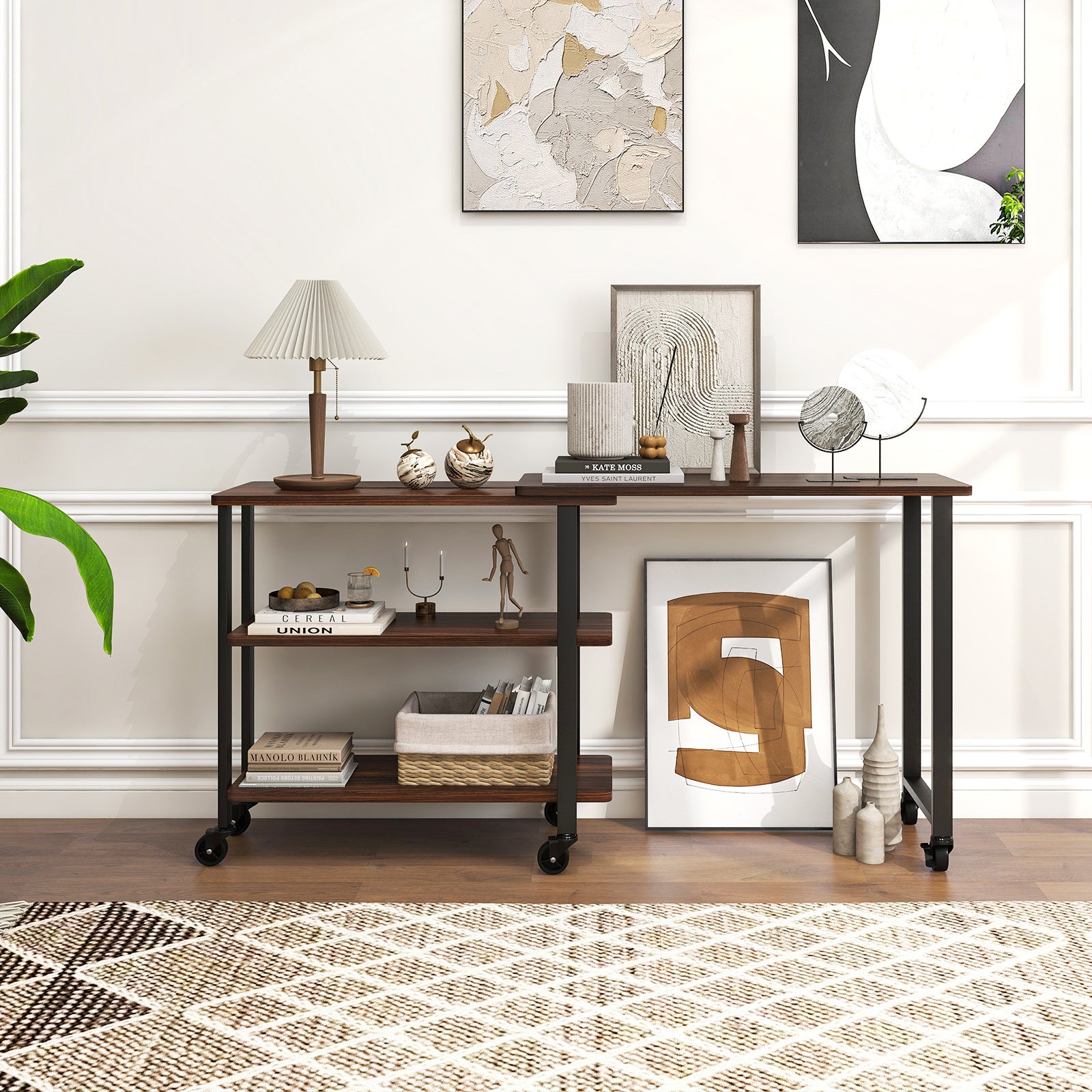 360° Rotating Sofa Side Table with Storage Shelves and Wheels-WalnutÂ