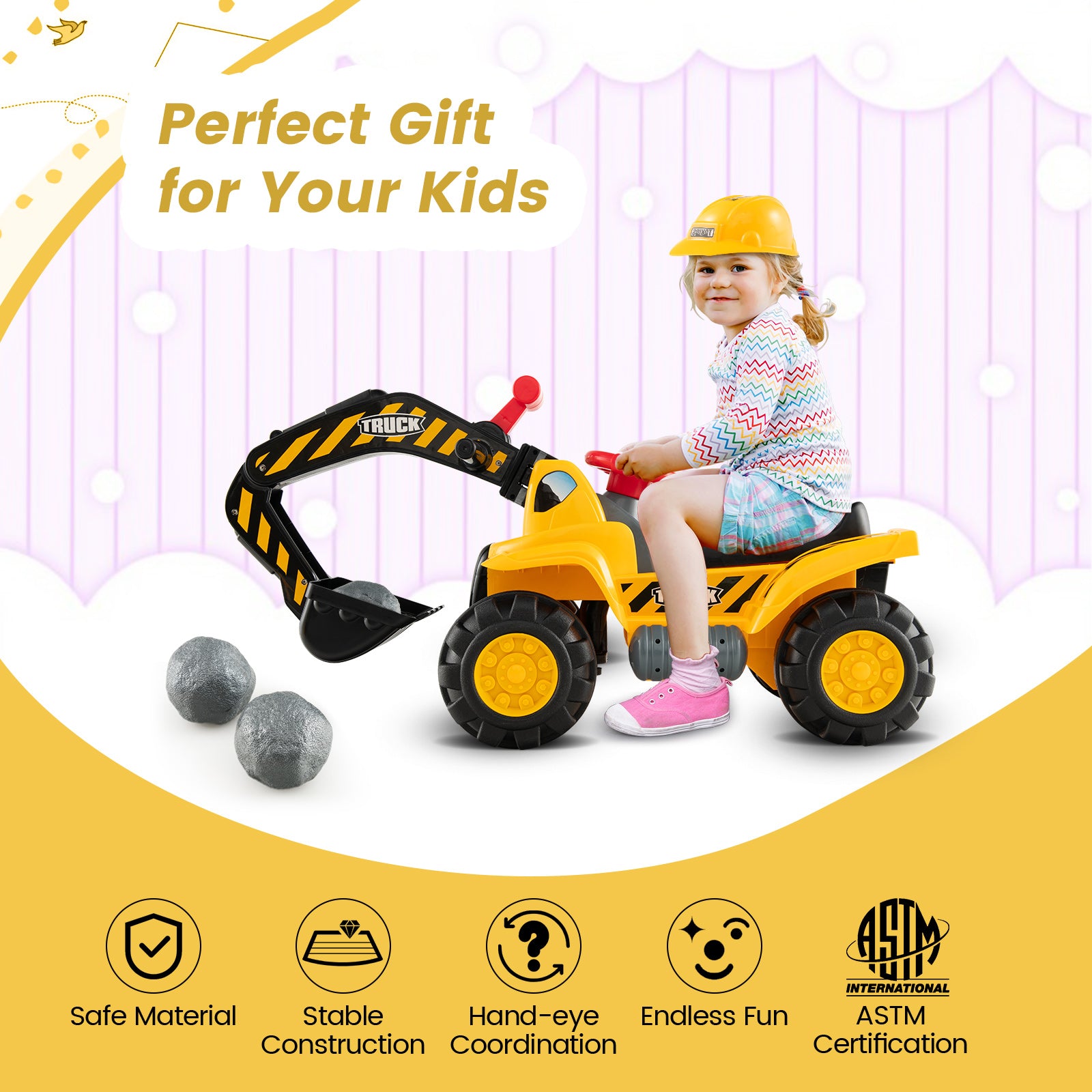 Ride on Push Car Bulldozer Digger Toy with Safety Helmet and Working ShovelÂ