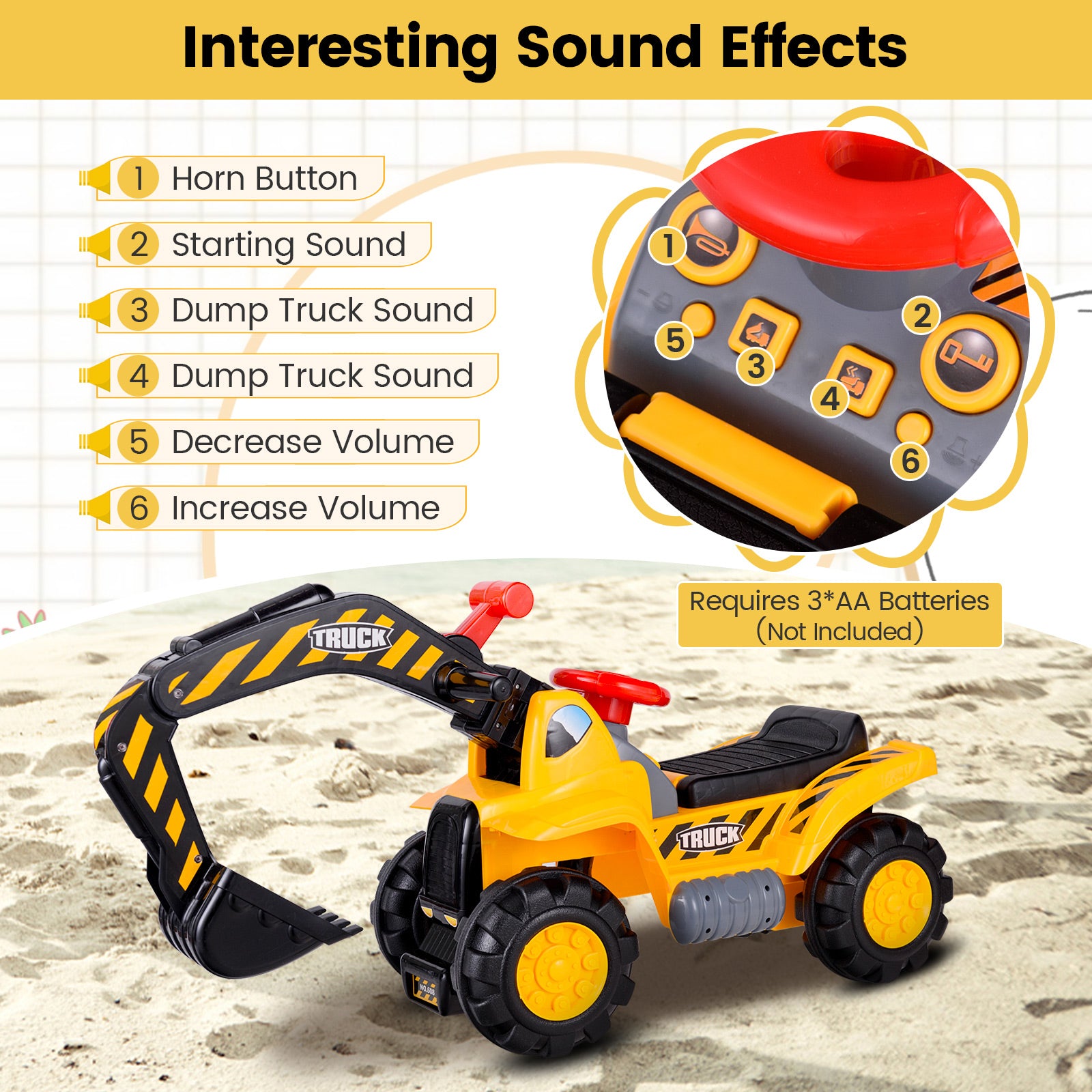 Ride on Push Car Bulldozer Digger Toy with Safety Helmet and Working ShovelÂ