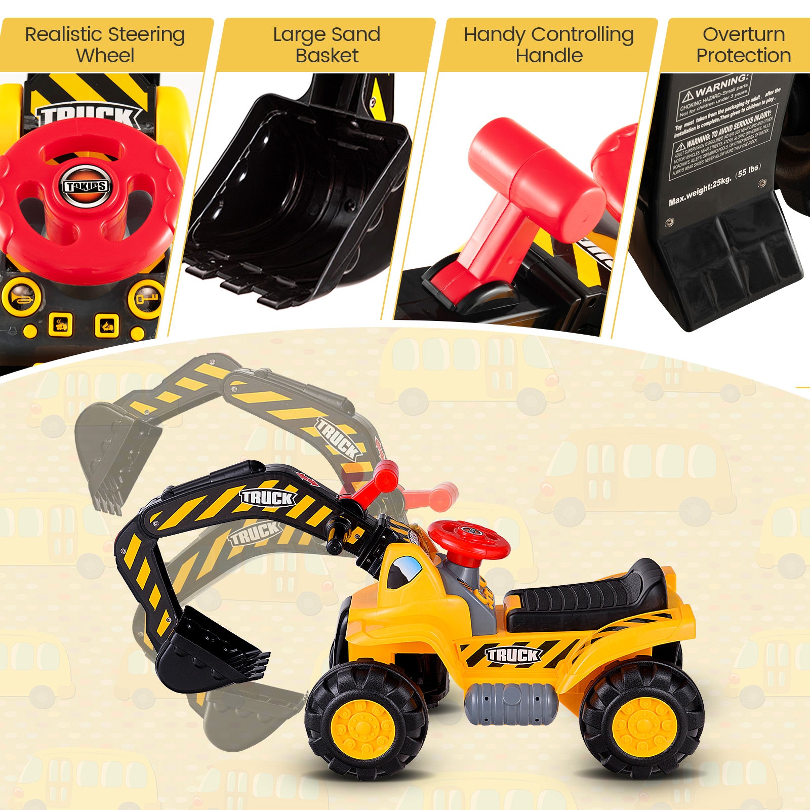 Ride on Push Car Bulldozer Digger Toy with Safety Helmet and Working ShovelÂ