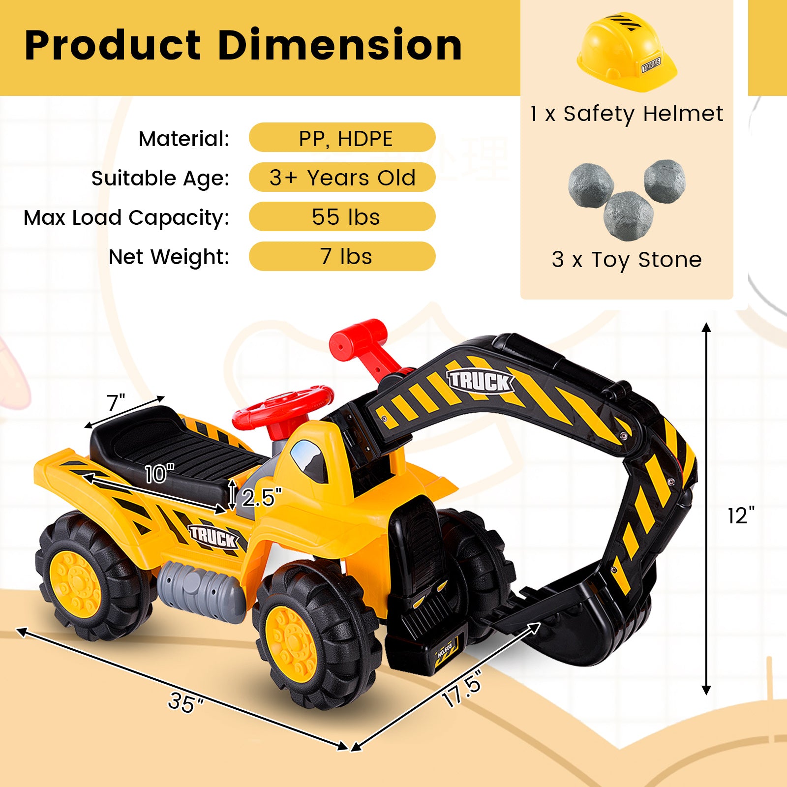Ride on Push Car Bulldozer Digger Toy with Safety Helmet and Working ShovelÂ