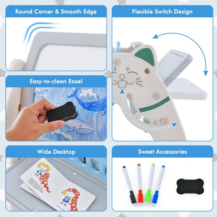 3-In-1 Double Sided Magnetic Dry-Erase Board with Stool and Flipped Writing Desktop-Navy