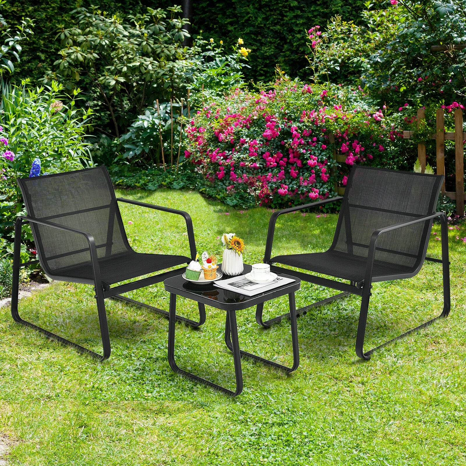 3 Pieces Patio Bistro Furniture Set with Glass Top Table Garden Deck-BlackÂ