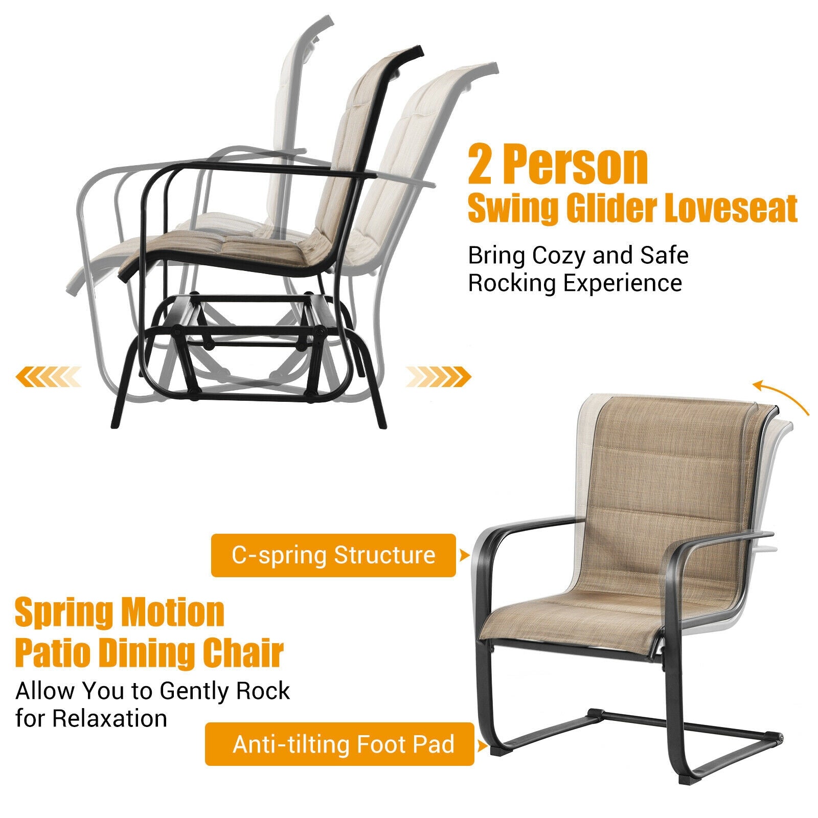 4 Pieces Outdoor Patio Furniture Set with Padded Glider Loveseat and Coffee Table-Brown