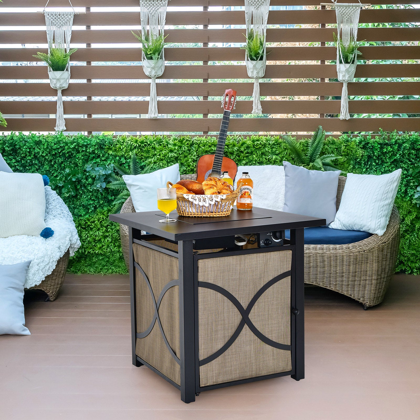 25 Inch 40000 BTU Propane Fire Pit Table with Lid and Fire Glass