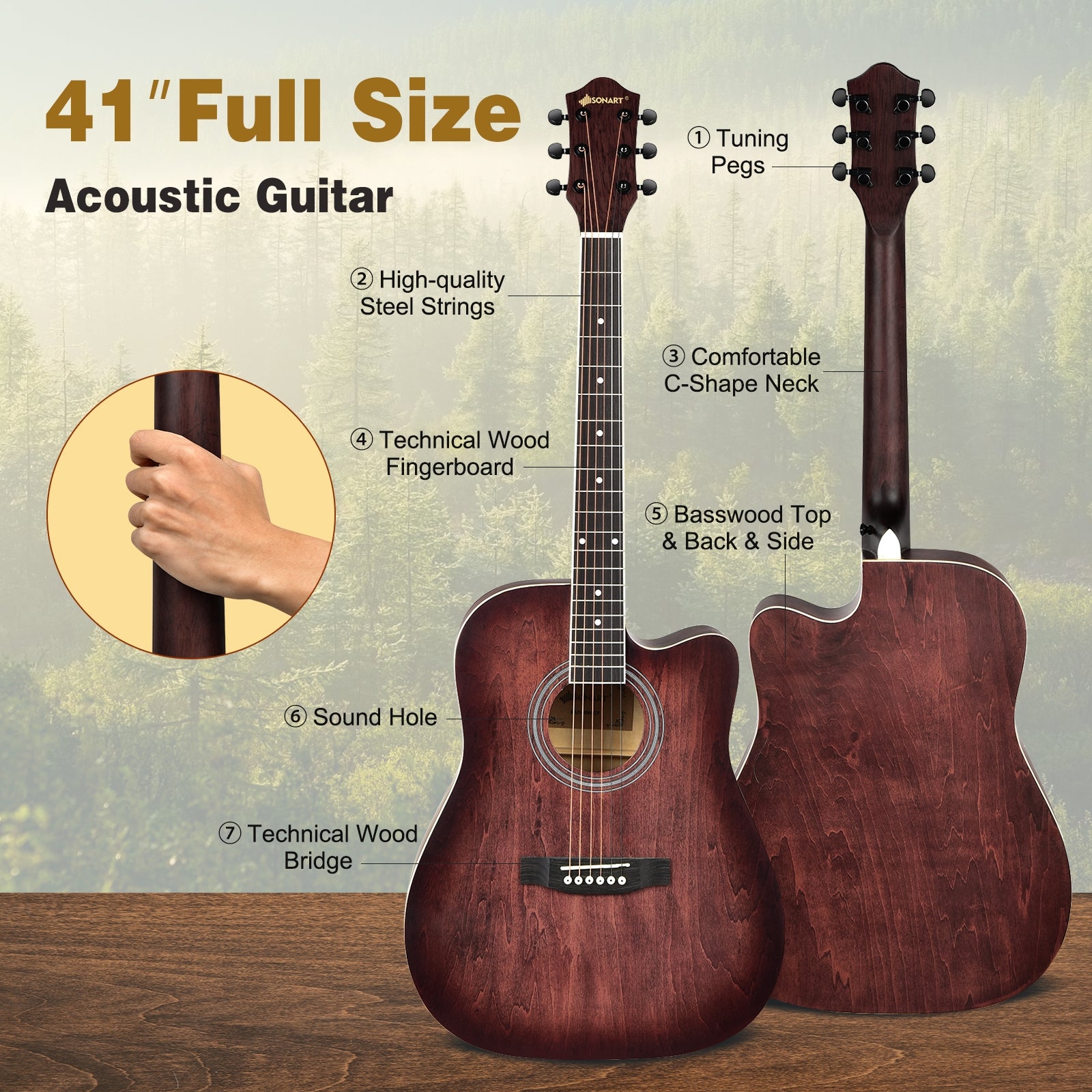 41 Inch Full Size Cutaway Acoustic Guitar Set for Beginner-Red