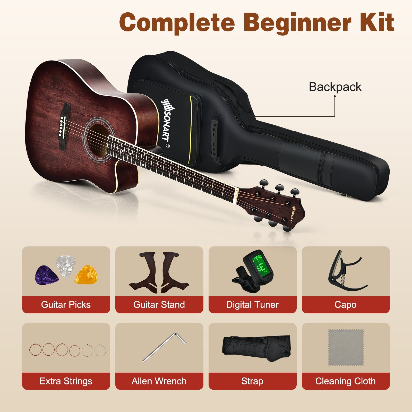 41 Inch Full Size Cutaway Acoustic Guitar Set for Beginner-Red