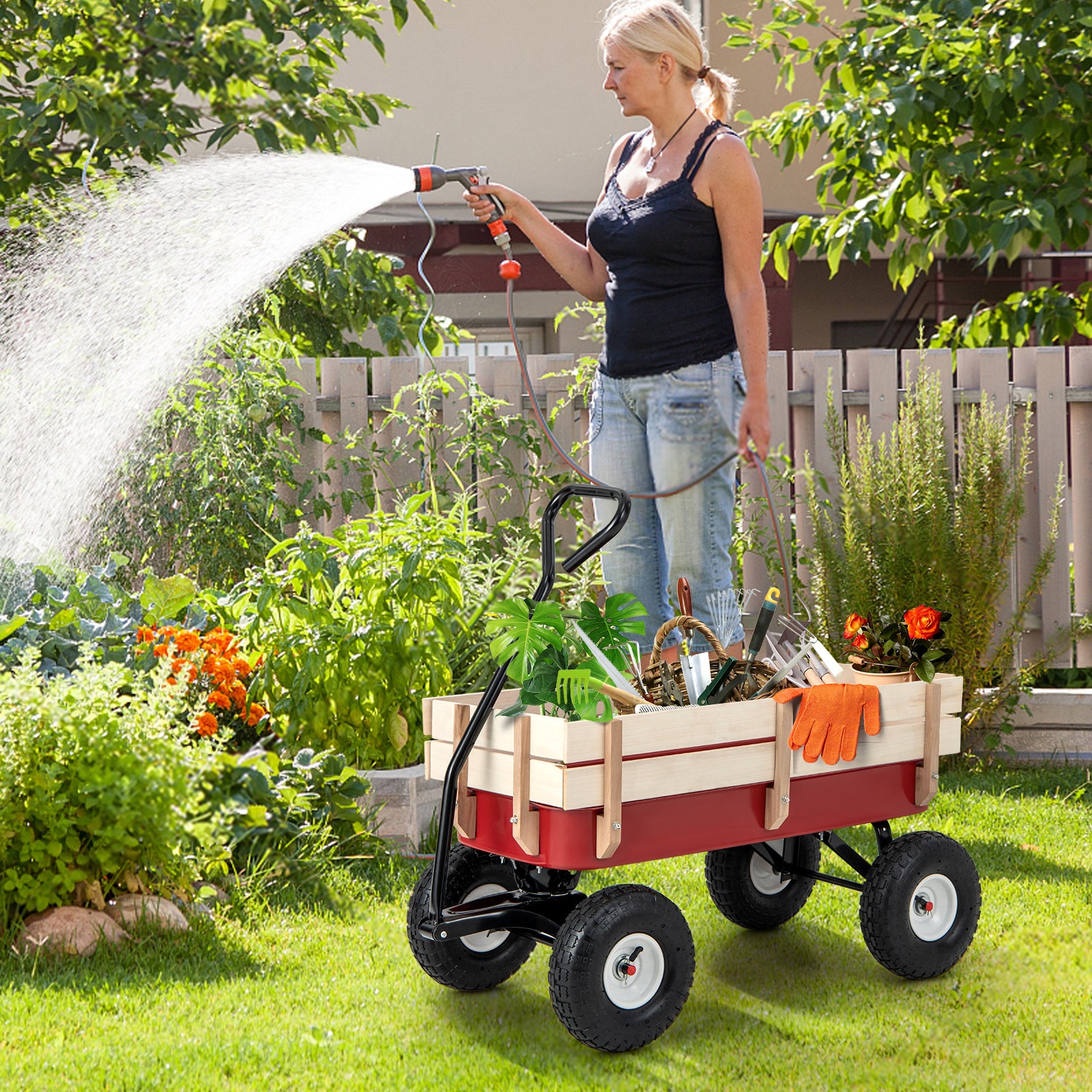 Garden Cart with Wood Railing and Pneumatic WheelsÂ