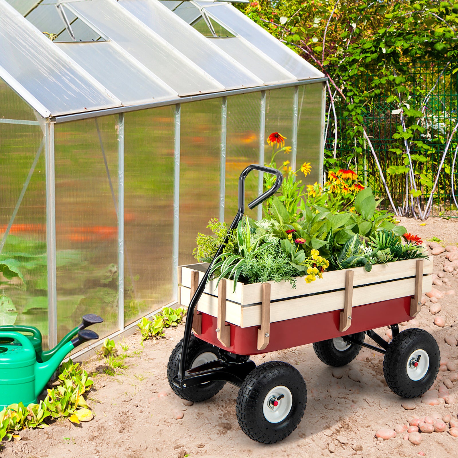 Garden Cart with Wood Railing and Pneumatic WheelsÂ