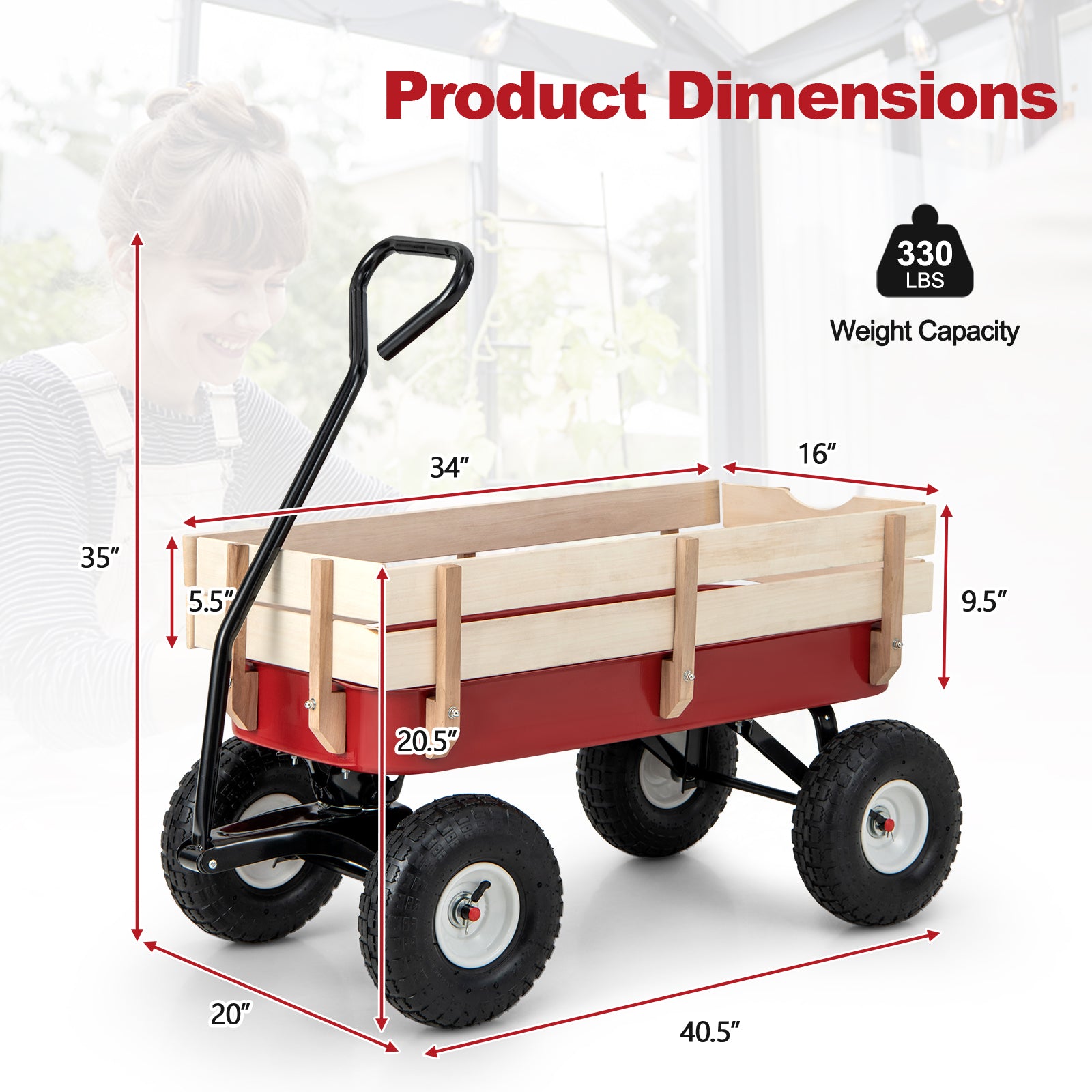 Garden Cart with Wood Railing and Pneumatic WheelsÂ