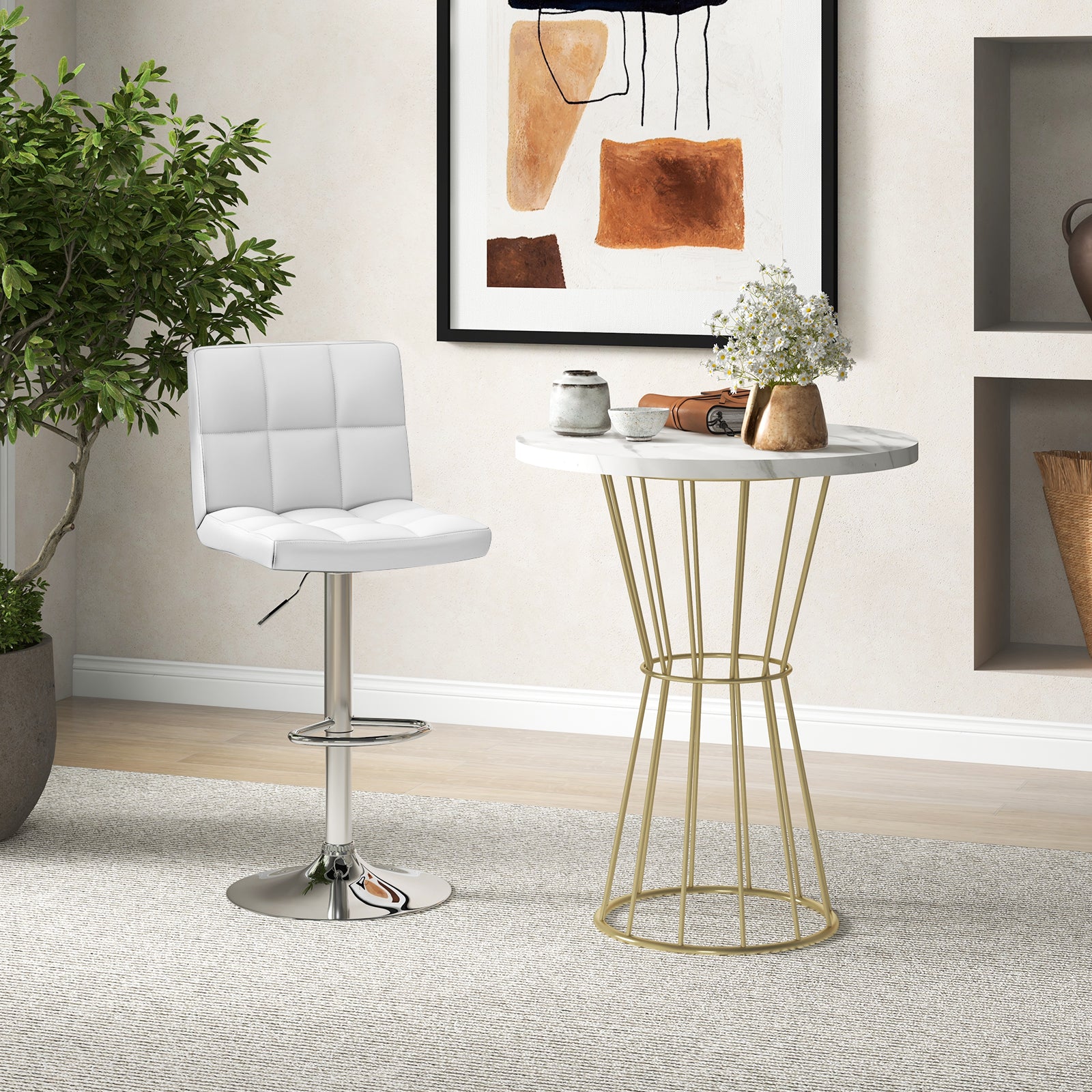 Adjustable Swivel Bar Stool with PU Leather-WhiteÂ