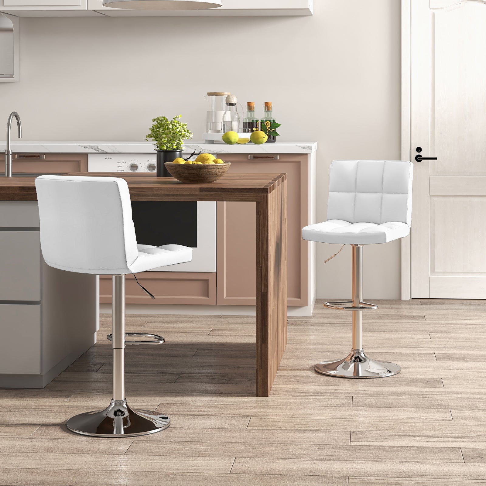 Adjustable Swivel Bar Stool with PU Leather-WhiteÂ