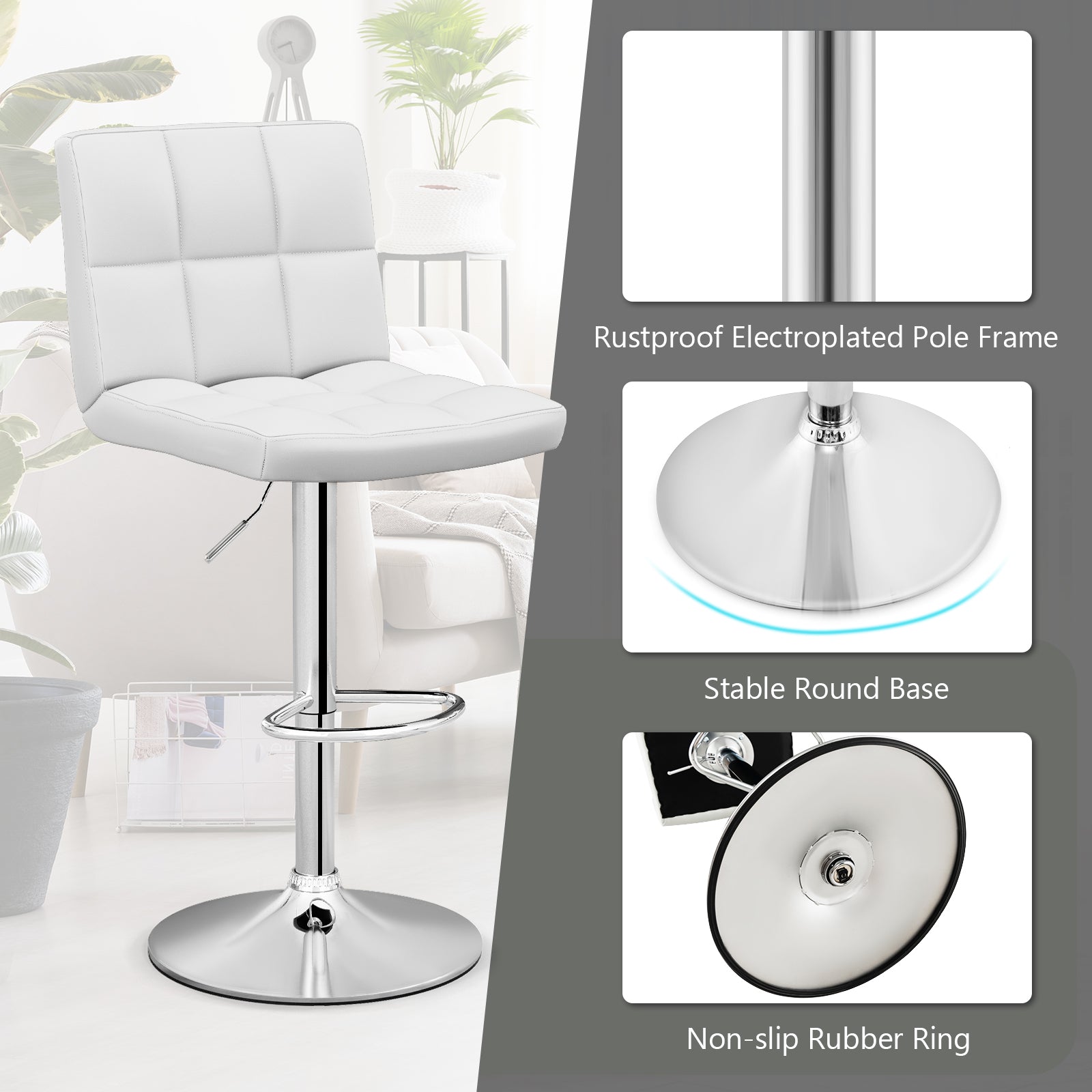 Adjustable Swivel Bar Stool with PU Leather-WhiteÂ
