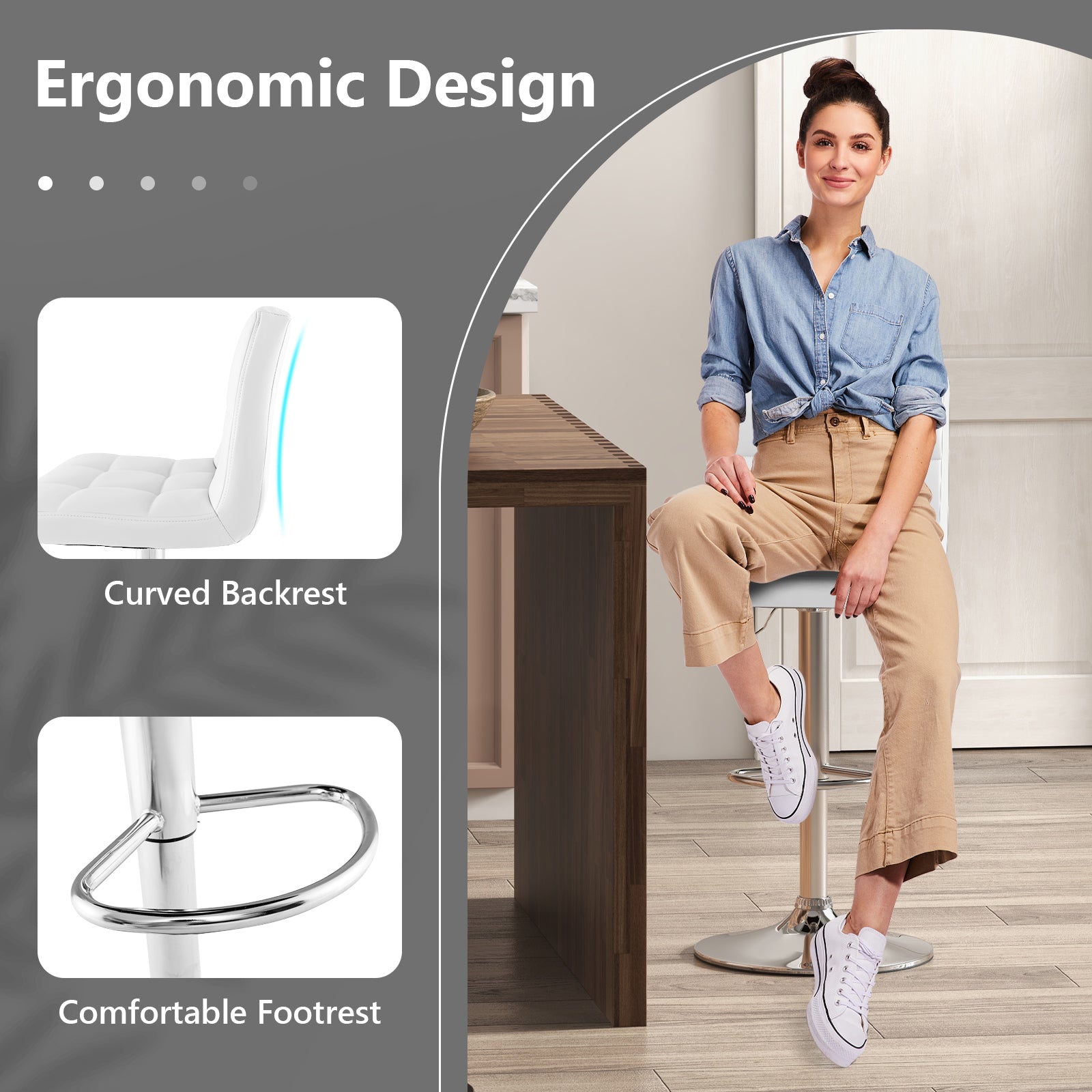 Adjustable Swivel Bar Stool with PU Leather-WhiteÂ