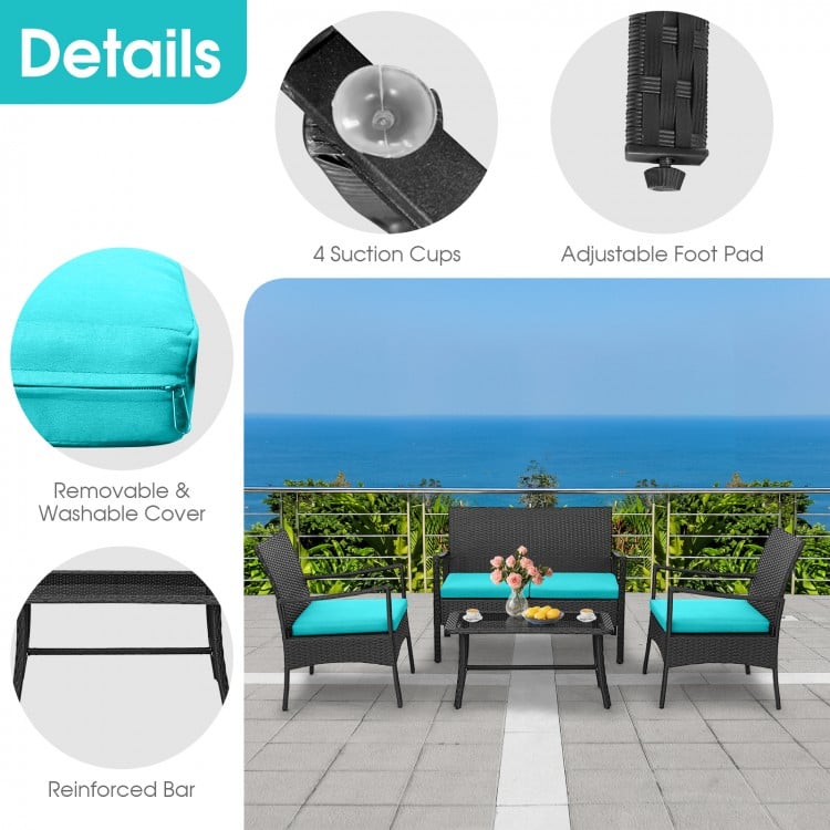 4 Pieces Rattan Conversation Set with Tempered Glass Coffee Table-Turquoise