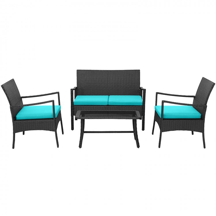 4 Pieces Rattan Conversation Set with Tempered Glass Coffee Table-Turquoise