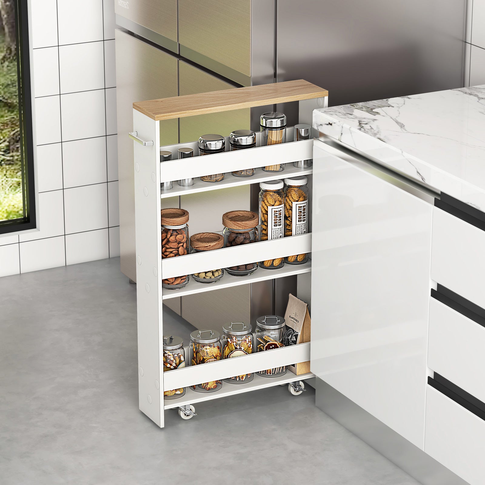 Rolling Kitchen Slim Storage Cart Mobile Shelving Organizer with Handle-WhiteÂ