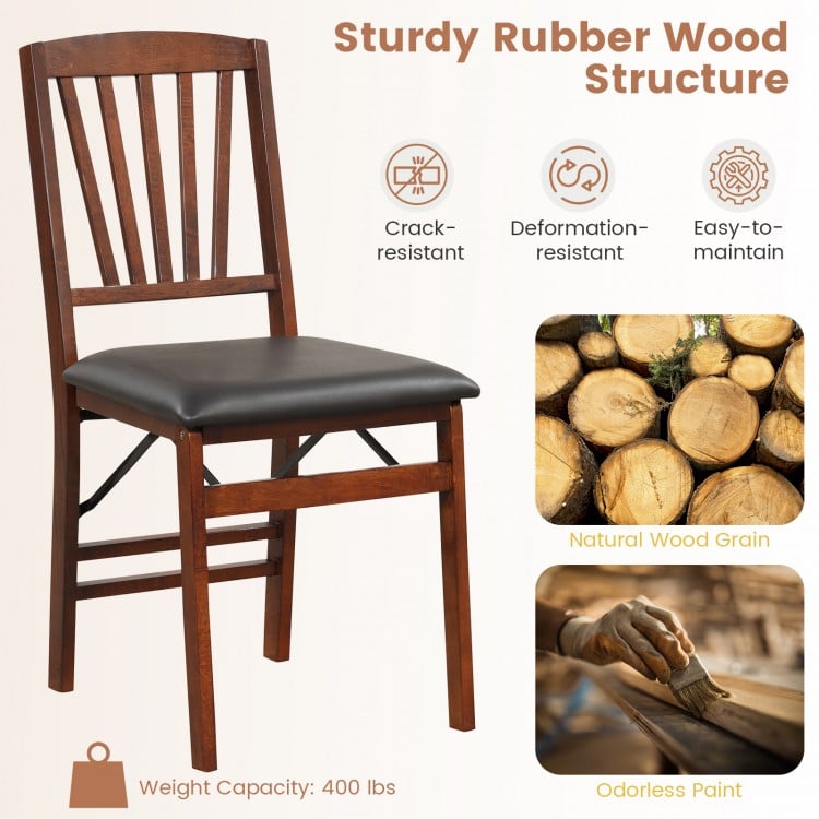 Set of 2 Folding Chairs with Padded Seat and Rubber Wood Frame-Brown