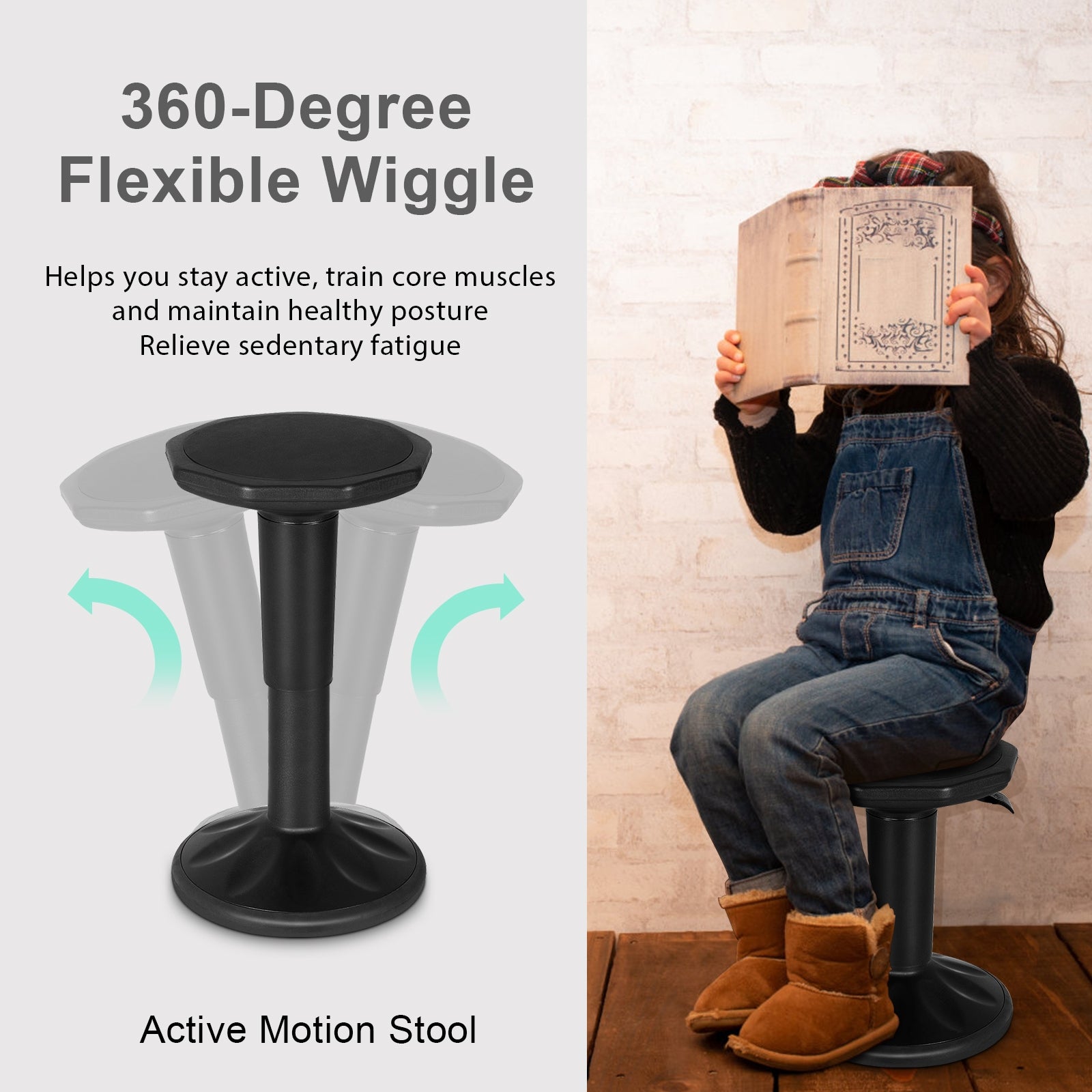 Adjustable Active Learning Stool Sitting Home Office Wobble Chair with Cushion Seat -BlackÂ