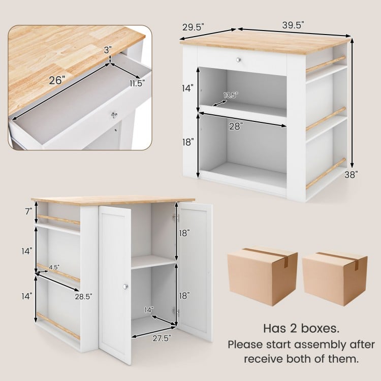 Modern Kitchen Island with Rubber Wood Countertop and Storage-White