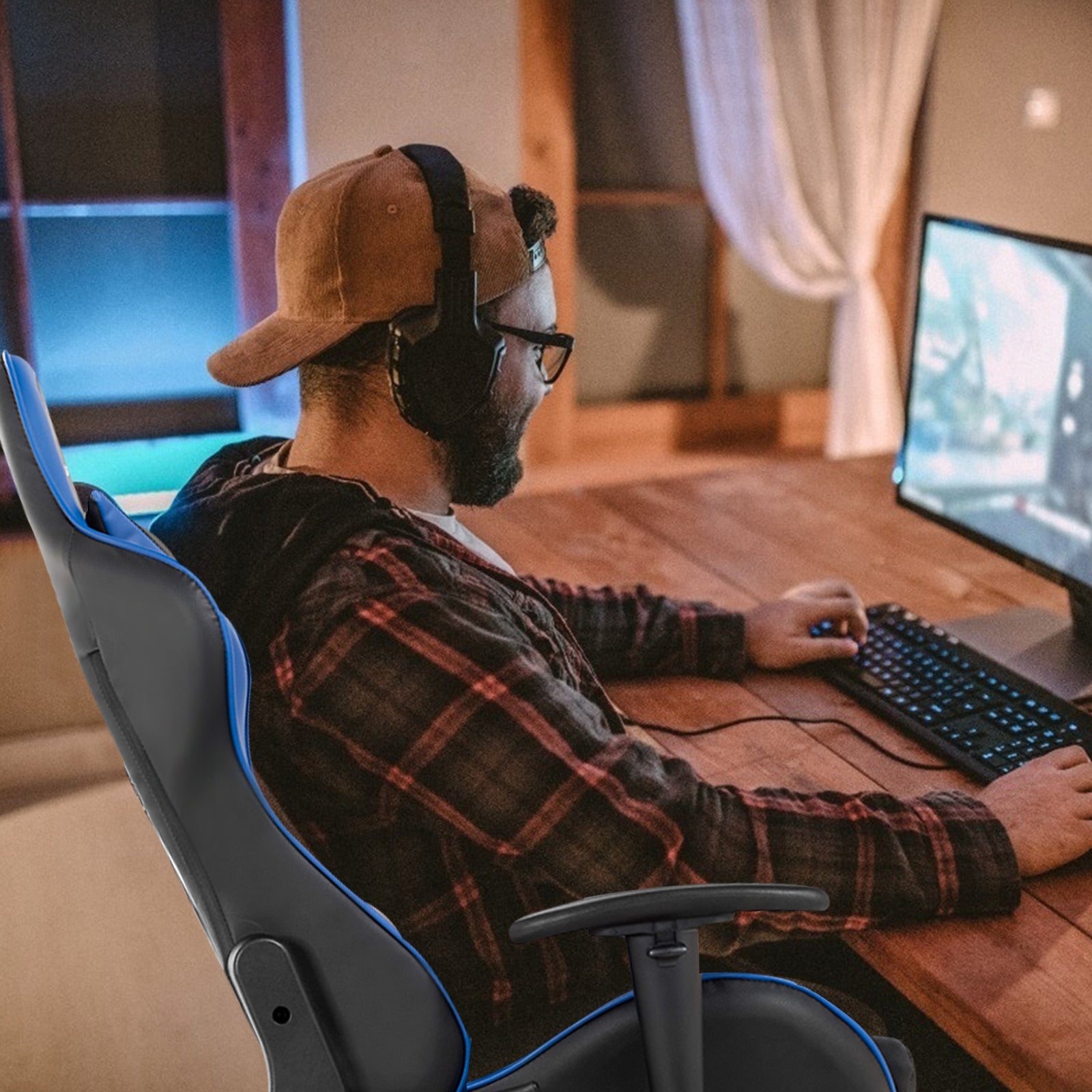 Massage Gaming Chair with Footrest-BlueÂ