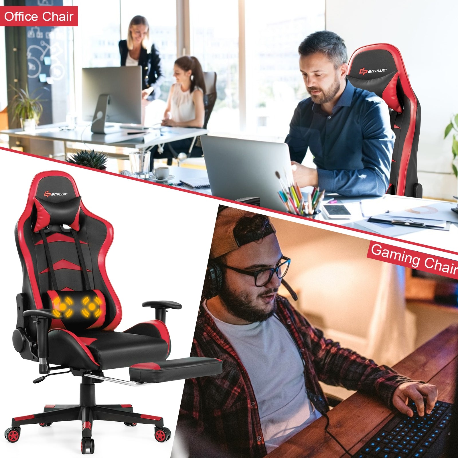 Massage Gaming Chair with Footrest-RedÂ