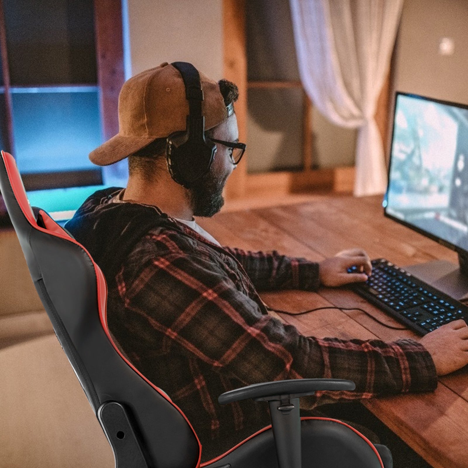 Massage Gaming Chair with Footrest-RedÂ