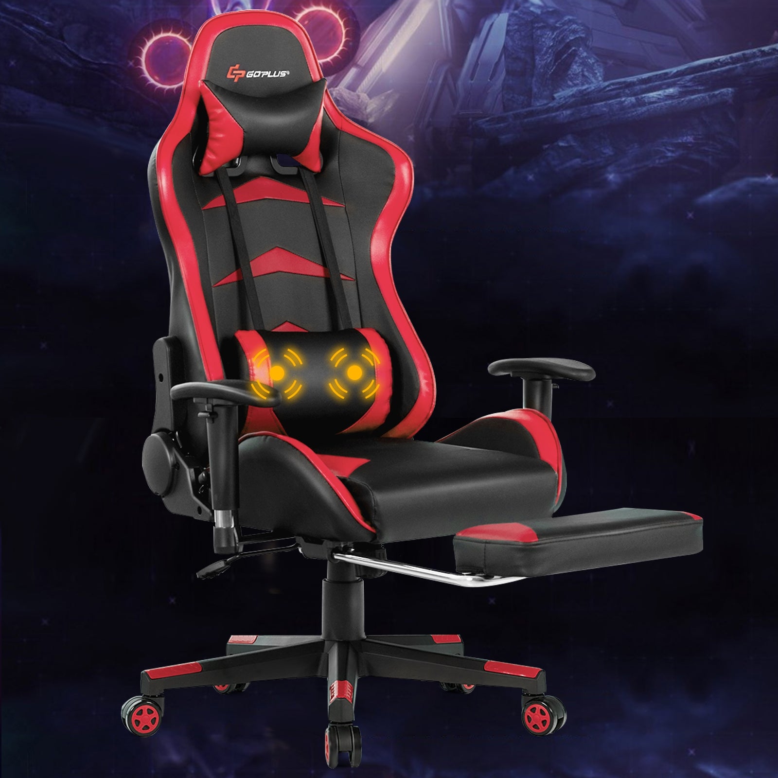 Massage Gaming Chair with Footrest-RedÂ