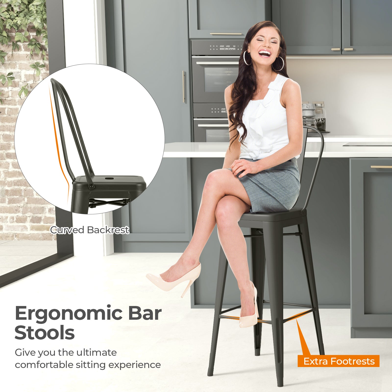 30 Inch Height Set of 4 High Back Metal Industrial Bar Stools-GunÂ