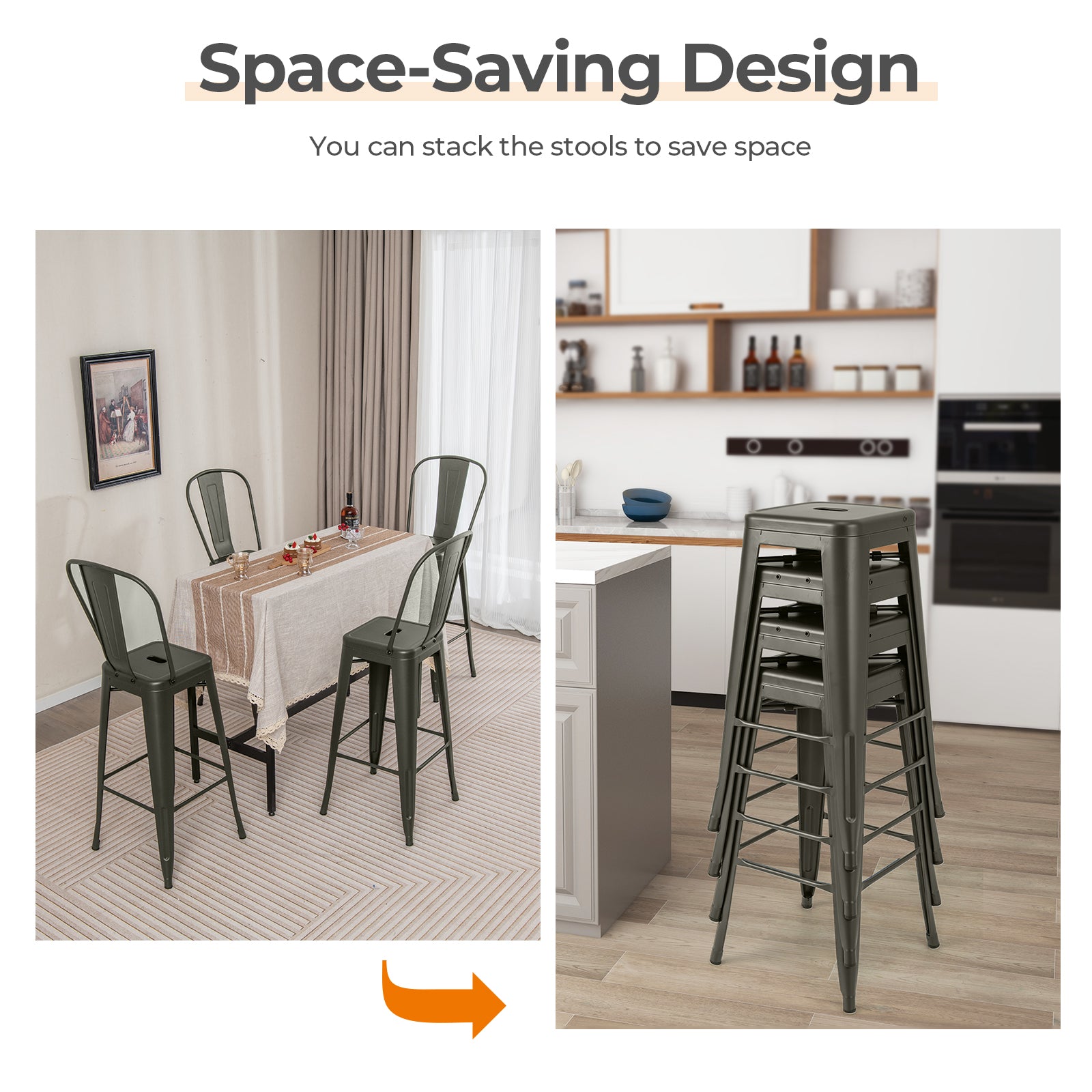 30 Inch Height Set of 4 High Back Metal Industrial Bar Stools-GunÂ