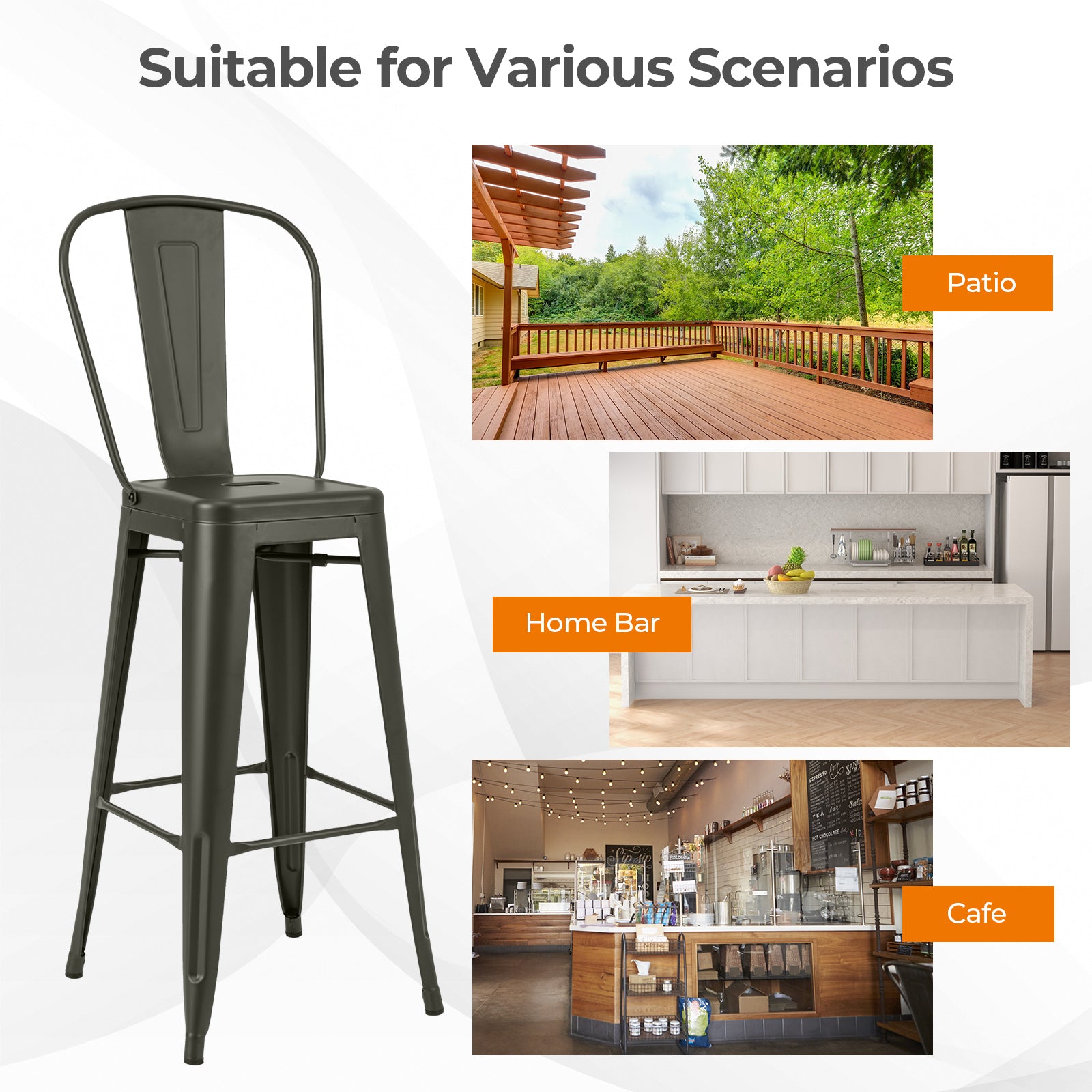 30 Inch Height Set of 4 High Back Metal Industrial Bar Stools-GunÂ