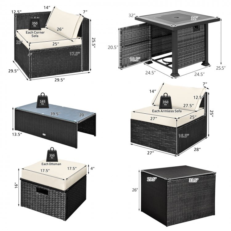 9 Pieces Patio Furniture Set with 32” Fire Pit Table and 50000 BTU Square Propane Fire Pit