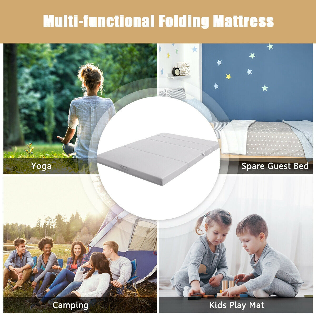 4 Inch Folding Sofa Bed Foam Mattress with Handles-Queen SizeÂ