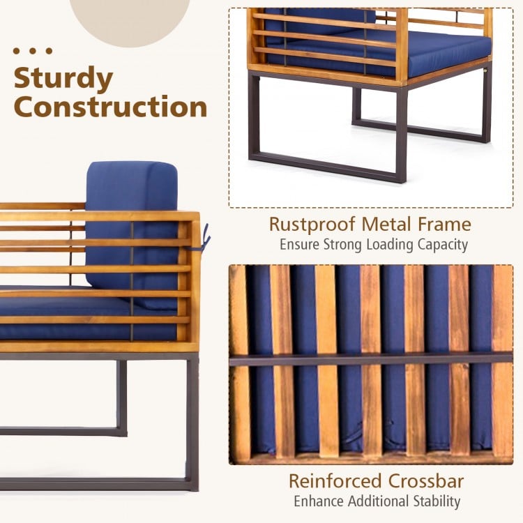 3 Pieces Patio Acacia Wood Conversation Set with Cushioned Armchairs-Navy