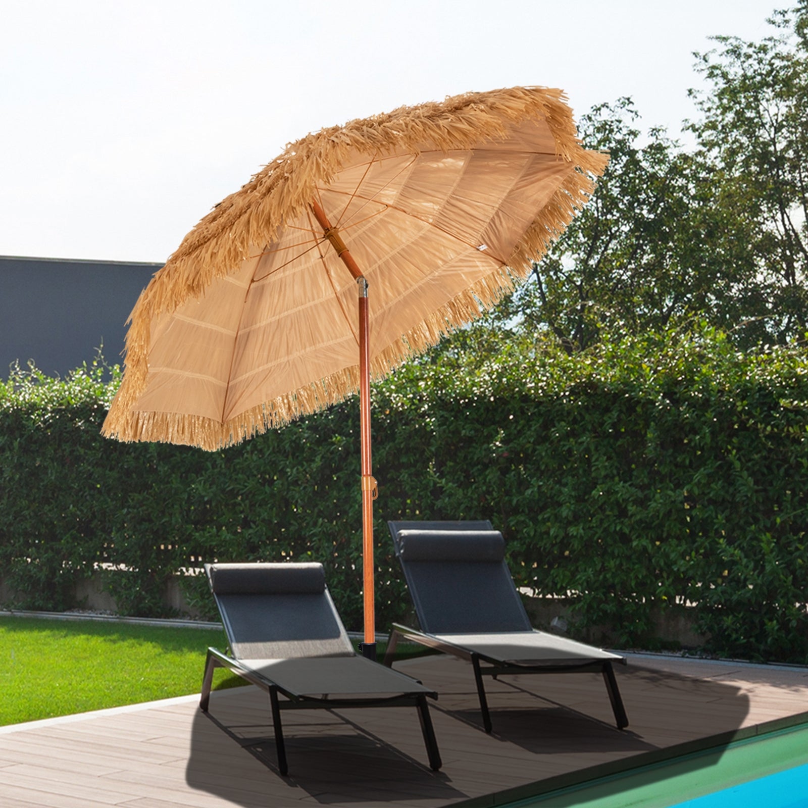6.5 Feet Portable Thatched Tiki Beach Umbrella with Adjustable Tilt for Poolside and BackyardÂ