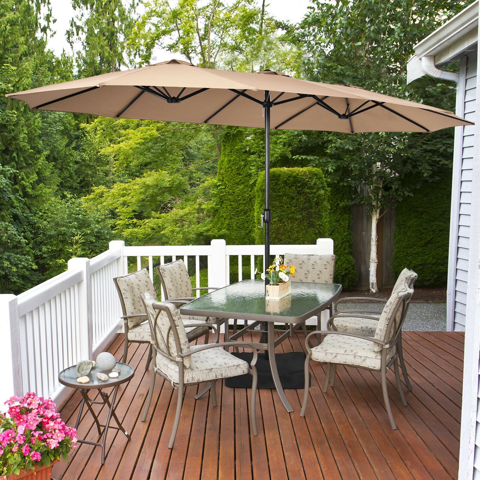 15 Feet Double-Sided Twin Patio Umbrella with Crank and Base Coffee in Outdoor Market-Coffee