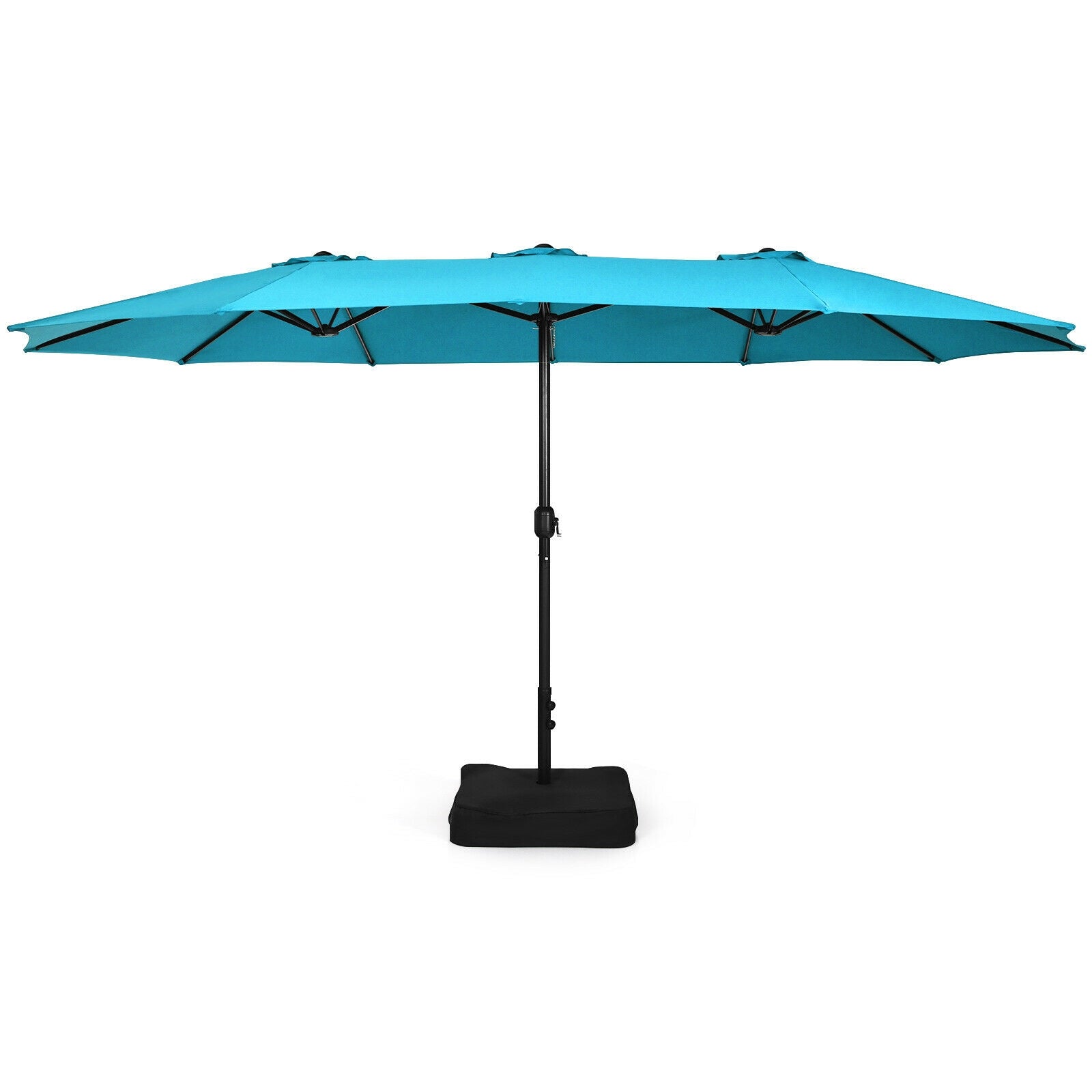 15 Feet Double-Sided Twin Patio Umbrella with Crank and Base Coffee in Outdoor Market-Turquoise