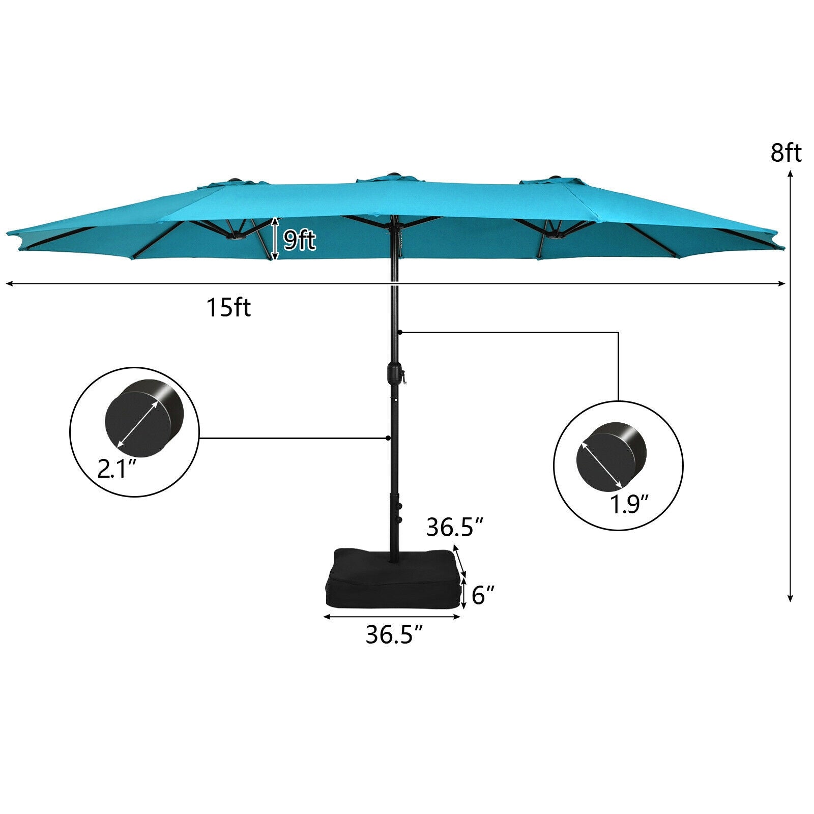 15 Feet Double-Sided Twin Patio Umbrella with Crank and Base Coffee in Outdoor Market-Turquoise