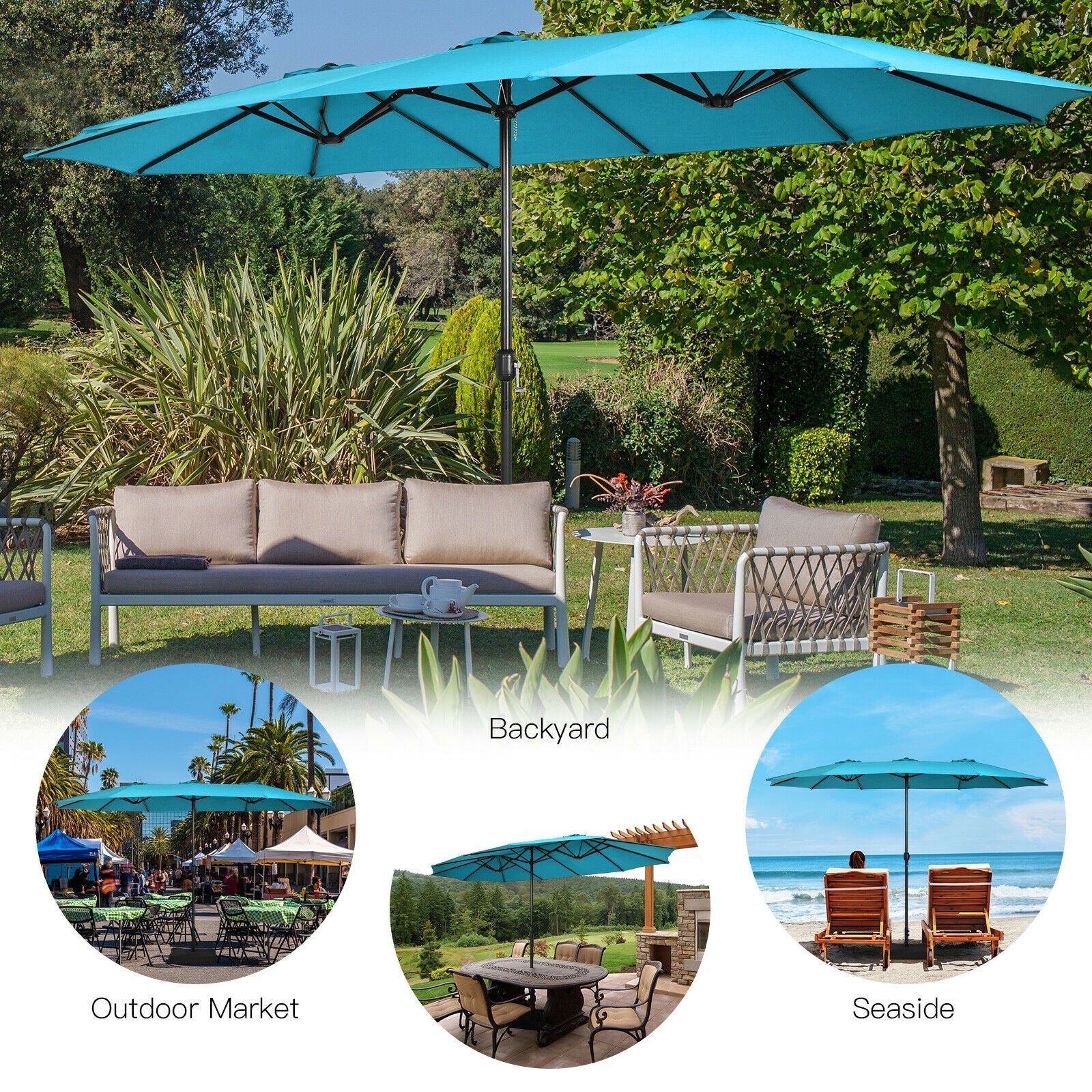 15 Feet Double-Sided Twin Patio Umbrella with Crank and Base Coffee in Outdoor Market-Turquoise