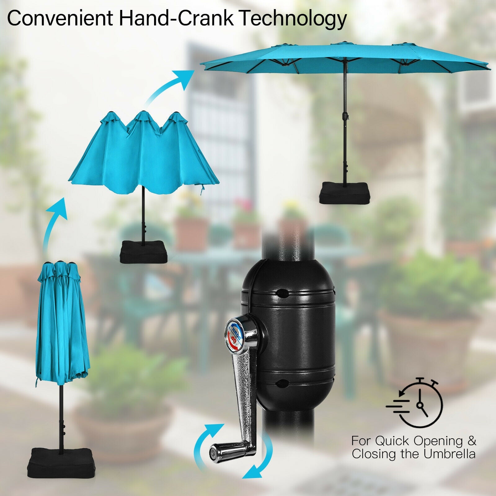 15 Feet Double-Sided Twin Patio Umbrella with Crank and Base Coffee in Outdoor Market-Turquoise