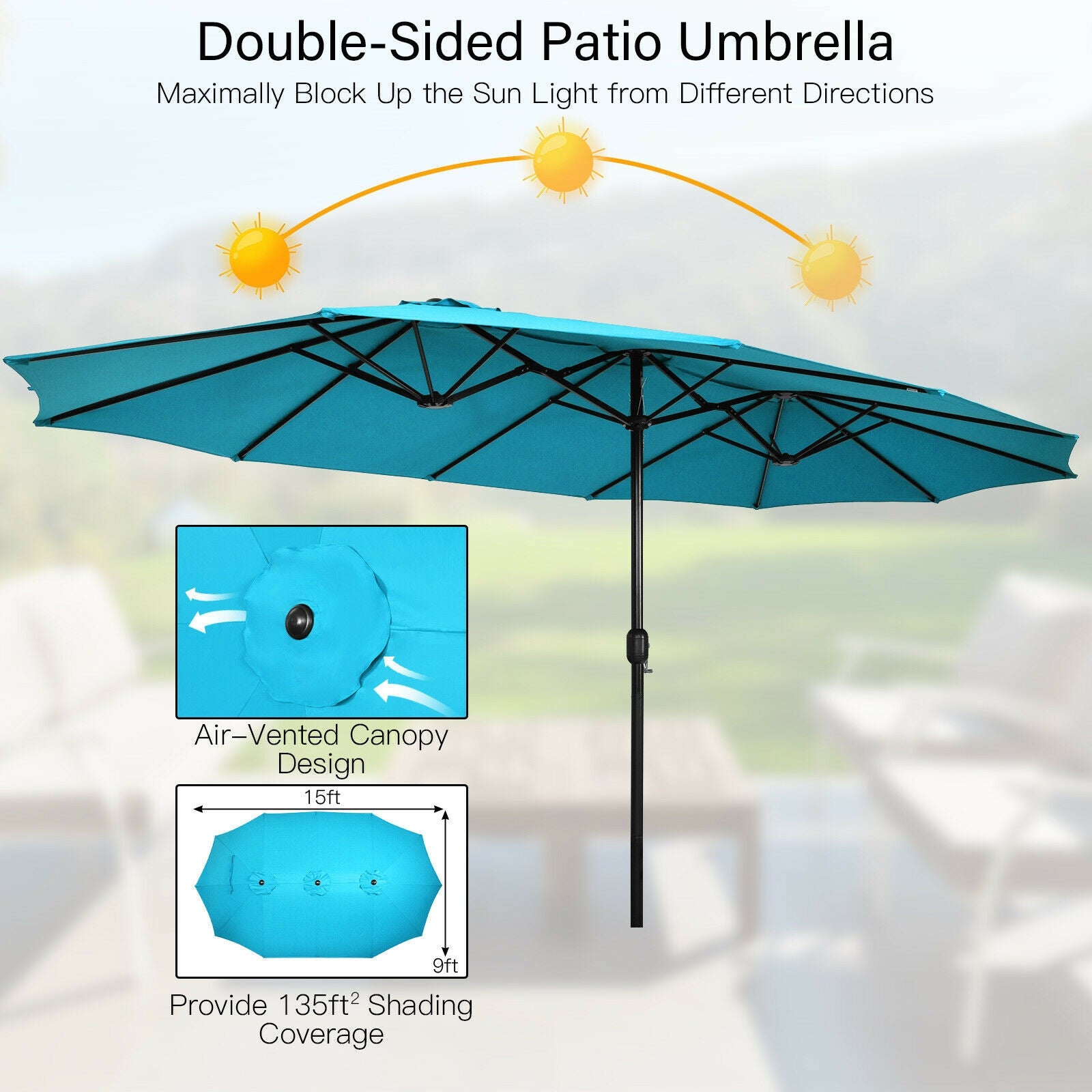 15 Feet Double-Sided Twin Patio Umbrella with Crank and Base Coffee in Outdoor Market-Turquoise