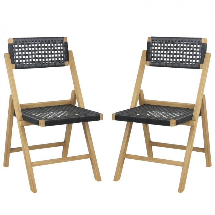 Set of 2 Folding Chairs Indonesia Teak Wood Dining Chairs with Woven Rope Seat and Back