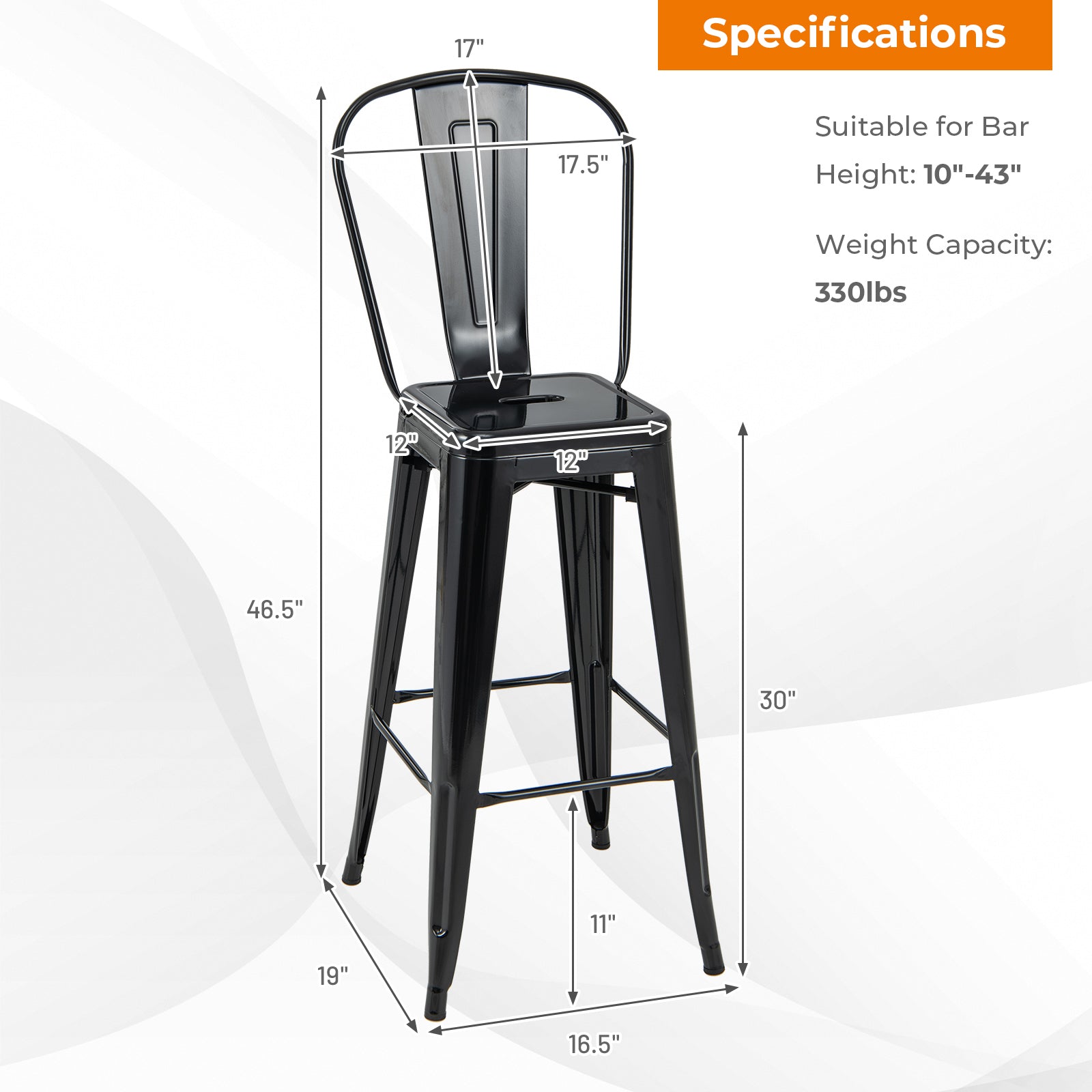 30" Height Set of 4 High Back Metal Industrial Bar Stools-BlackÂ