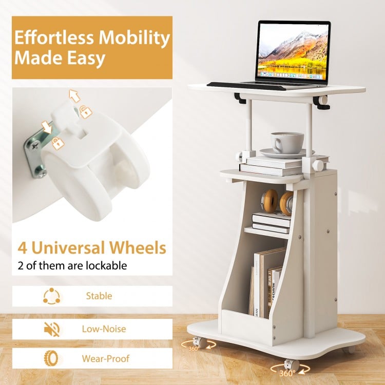 Mobile Podium Stand Height Adjustable Laptop Cart with Tilting Tabletop and Storage Compartments-White