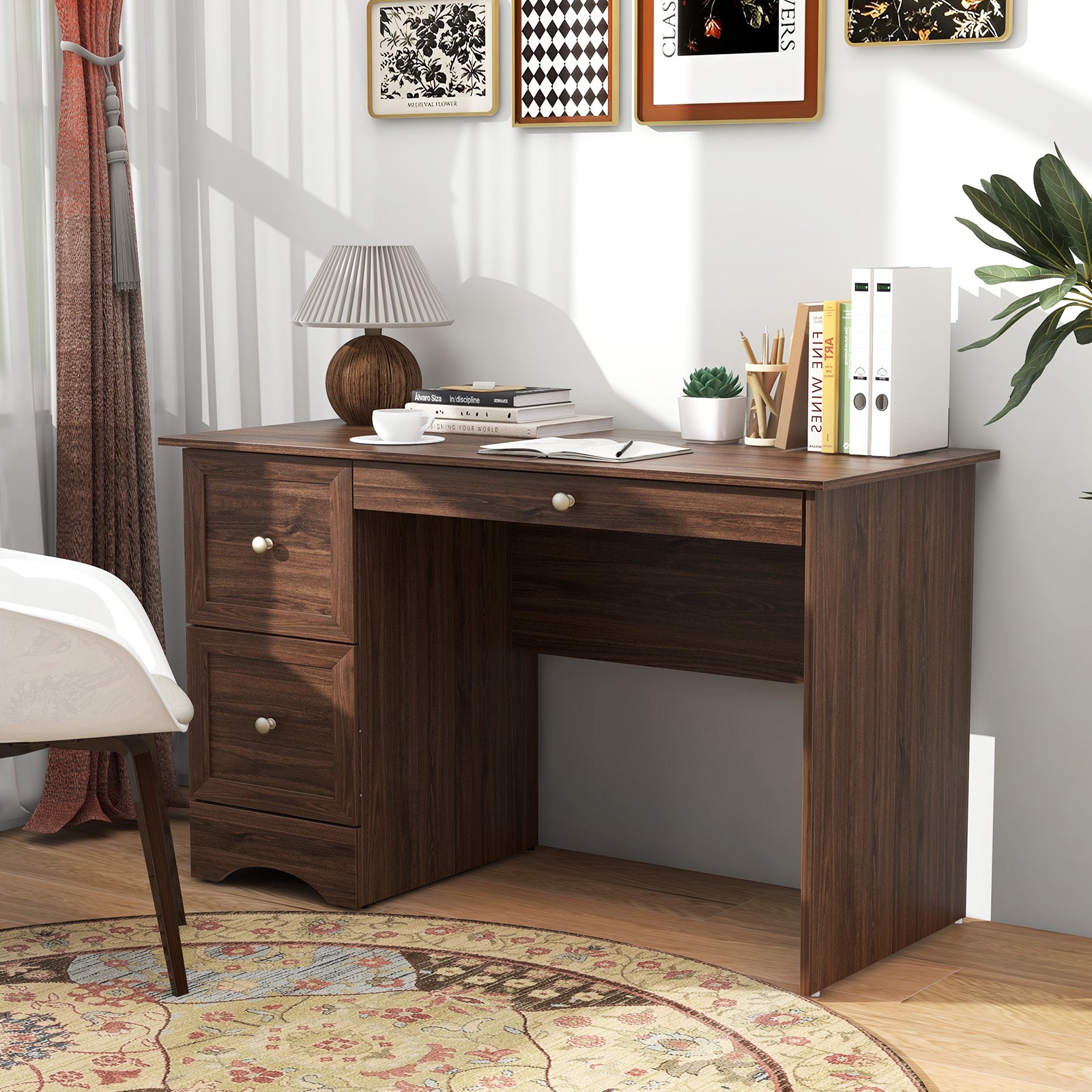Wooden Vintage Computer Desk with 3 Drawers for Home and Office-Walnut