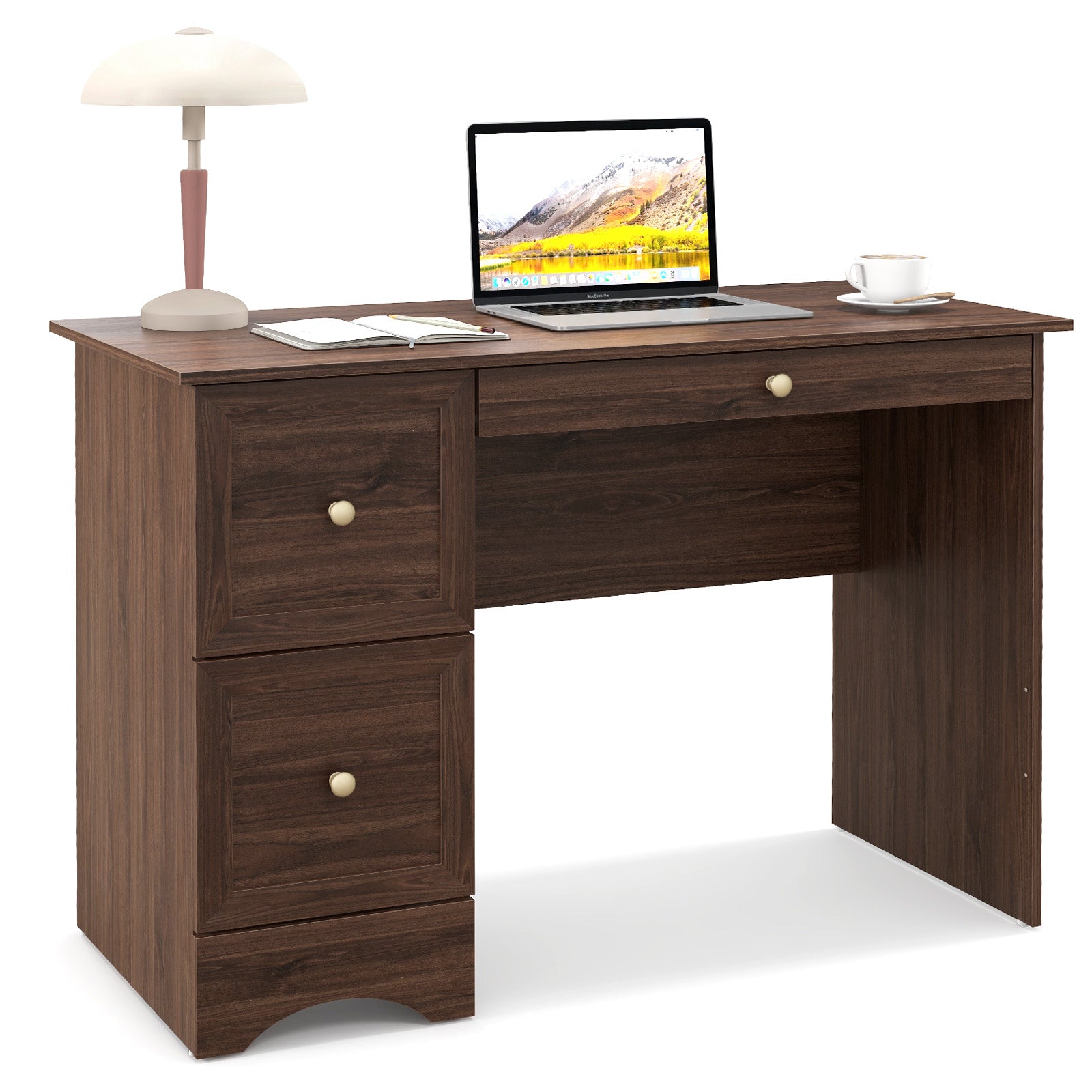 Wooden Vintage Computer Desk with 3 Drawers for Home and Office-Walnut