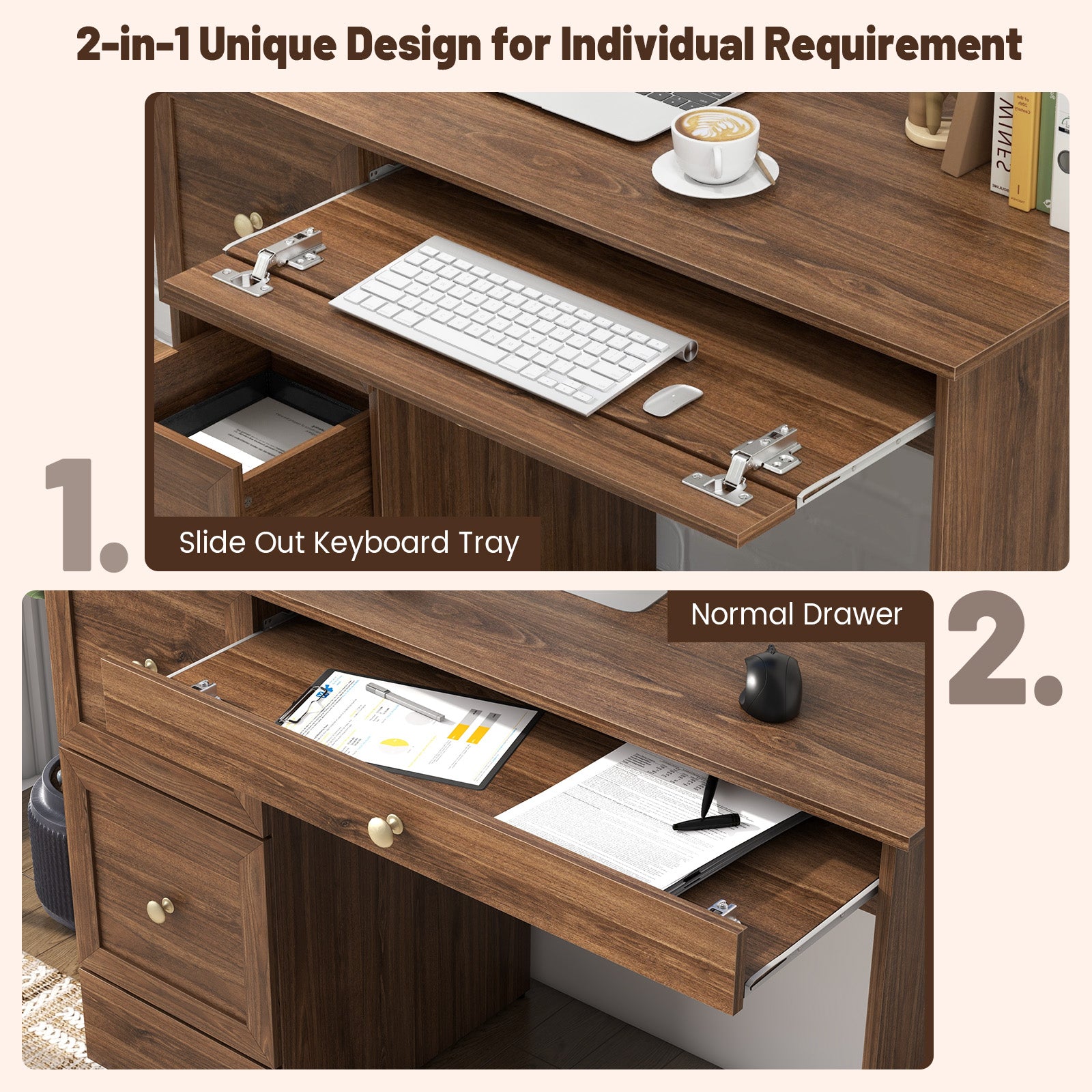 Wooden Vintage Computer Desk with 3 Drawers for Home and Office-Walnut