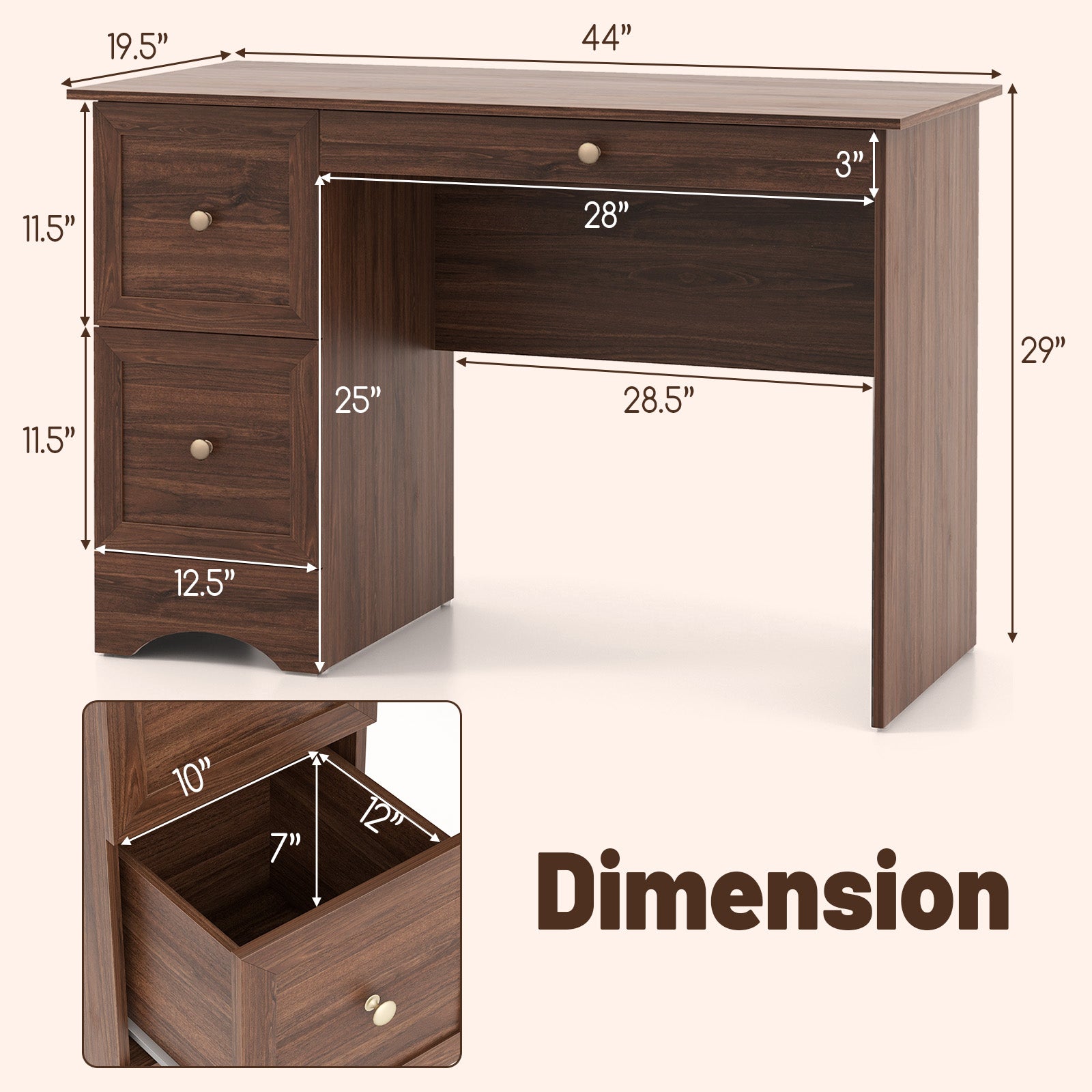 Wooden Vintage Computer Desk with 3 Drawers for Home and Office-Walnut